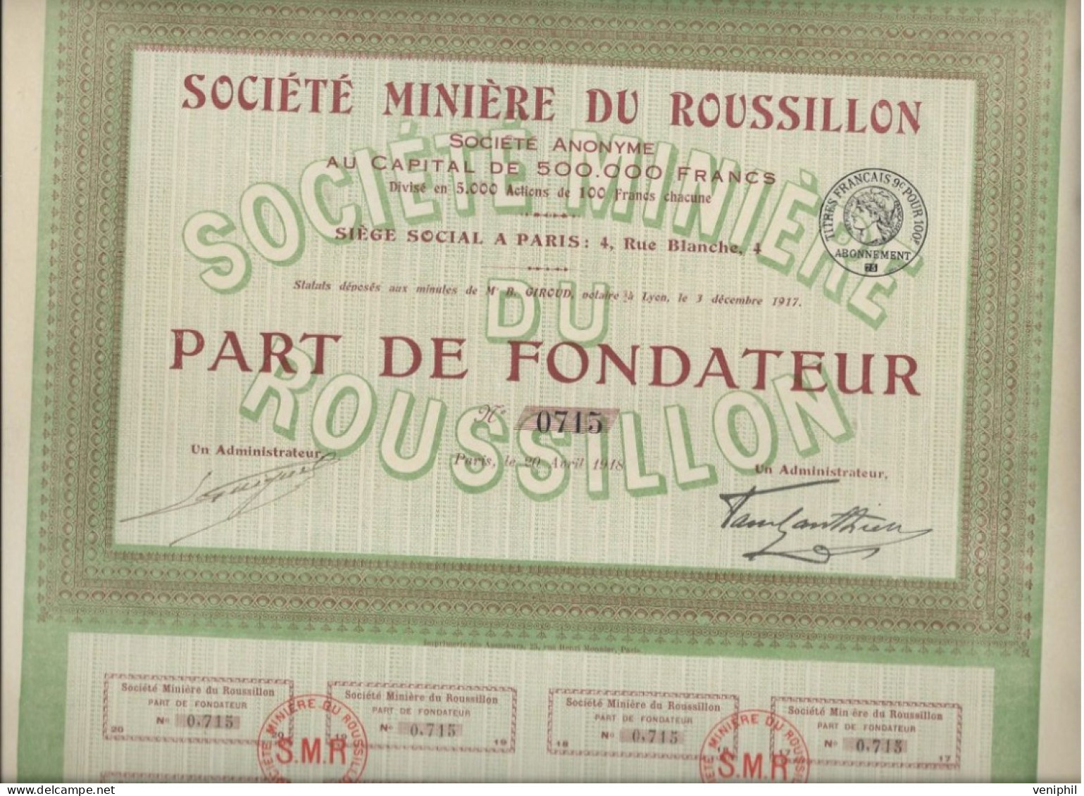 SOCIETE MINIERE DU ROUSSILLON  - PART DE FONDATEUR  -ANNEE 1918 - Mines
