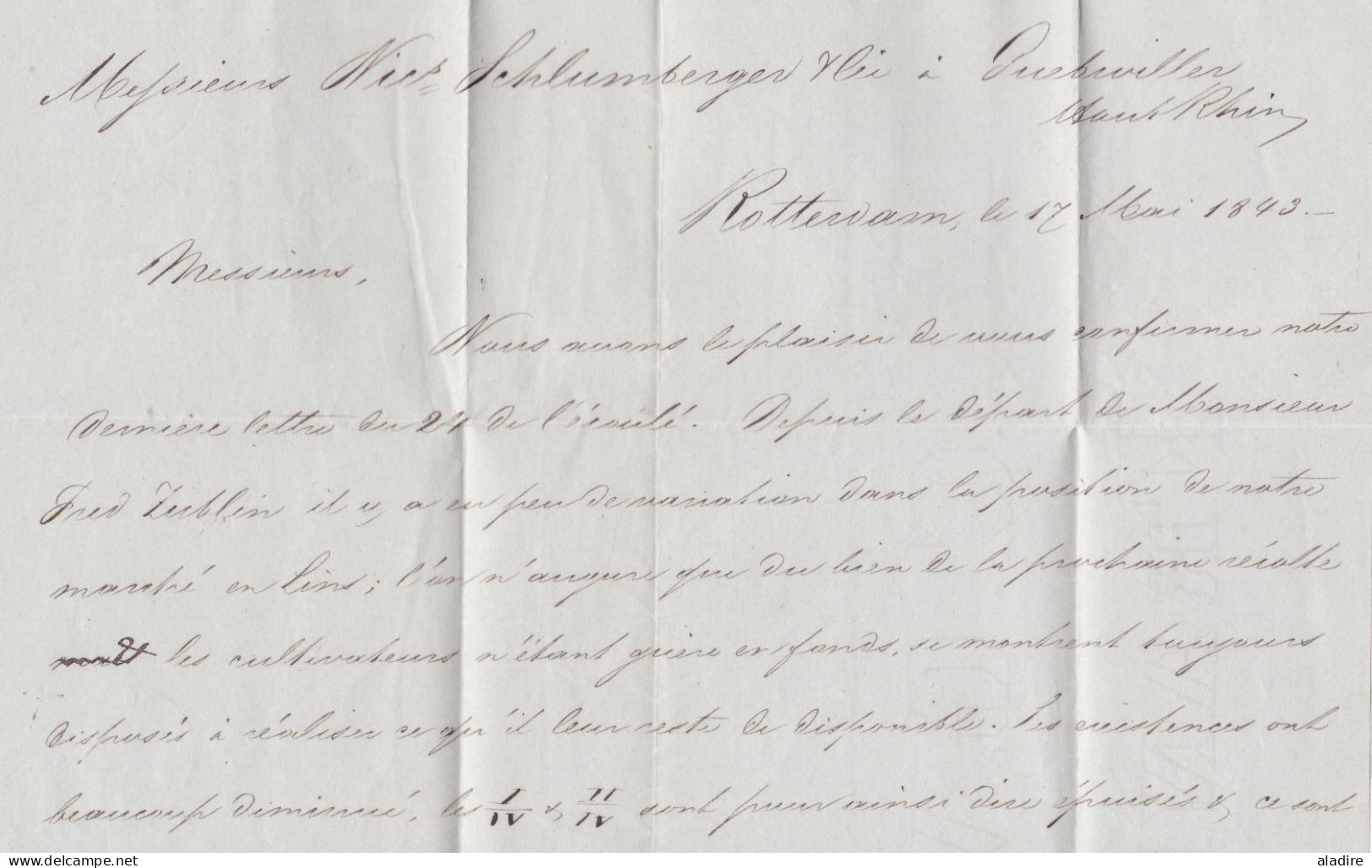 1843 - Lettre Pliée En Français De Rotterdam, Pays Bas Vers Guebwiller, Alsace, Haut Rhin, France - Entrée Valenciennes - ...-1852 Voorlopers