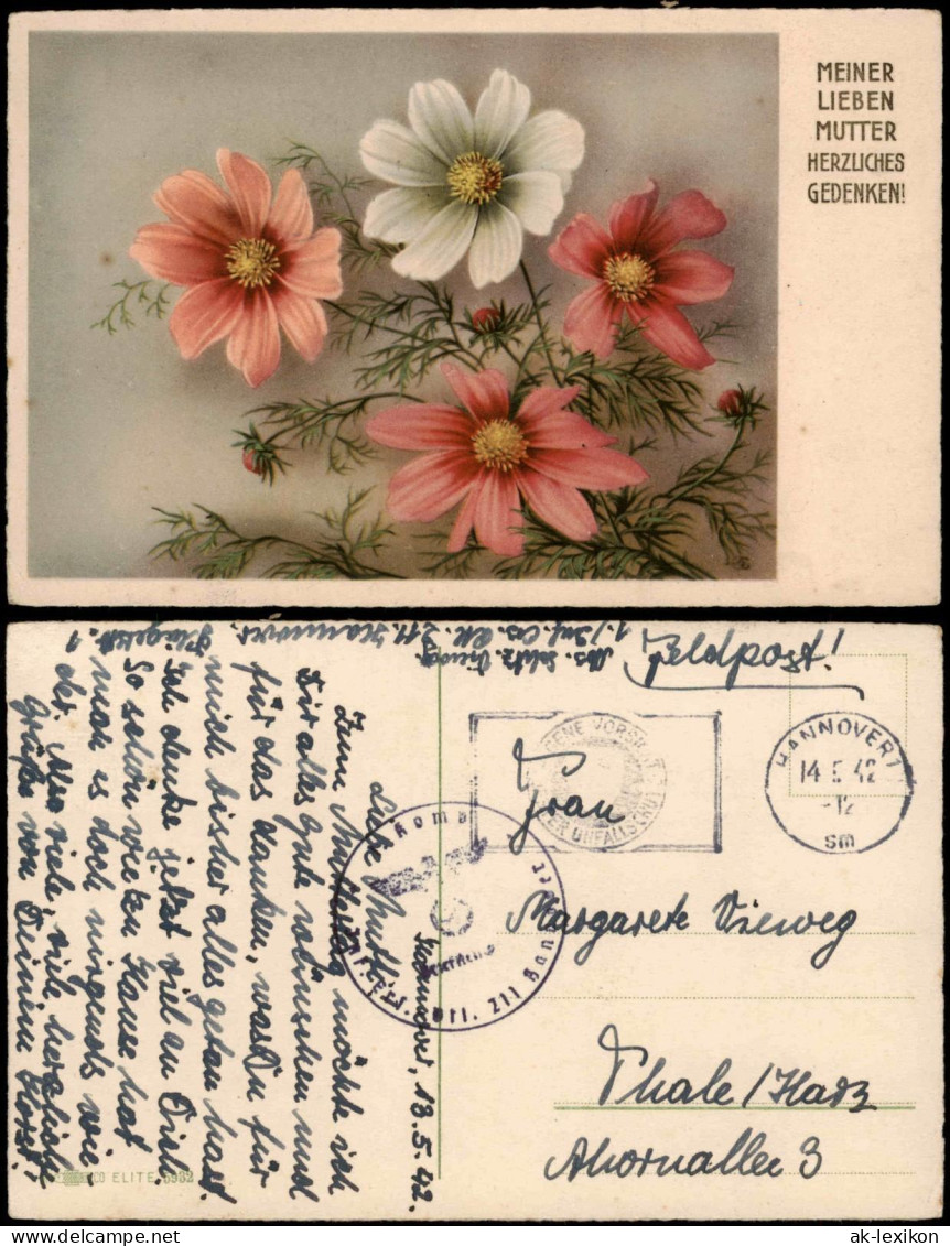 Ansichtskarte  Glückwunsch - Muttertag, Blumen 1942  Gel. Feldpost WK 2 - Fête Des Mères
