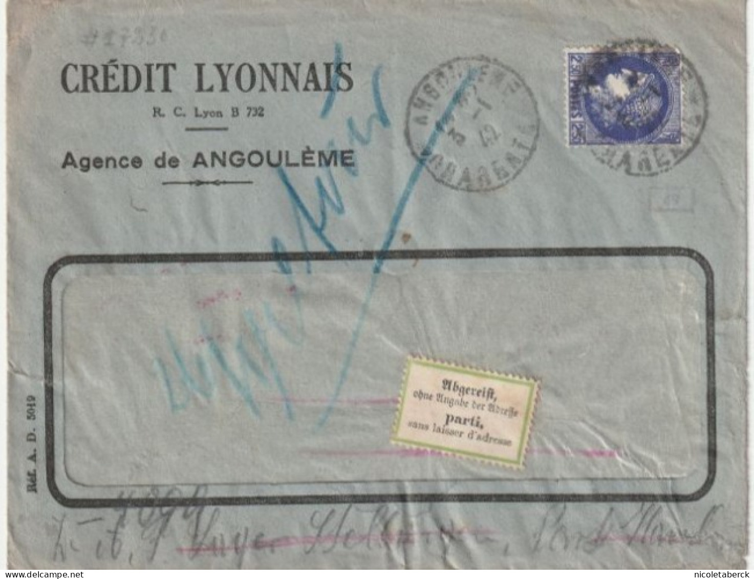 Cérès Mazelin, N°375A Perforé Sur Lettre à En-tête Crédit Lyonnais D' Angoulême - 1945-47 Cérès Van Mazelin