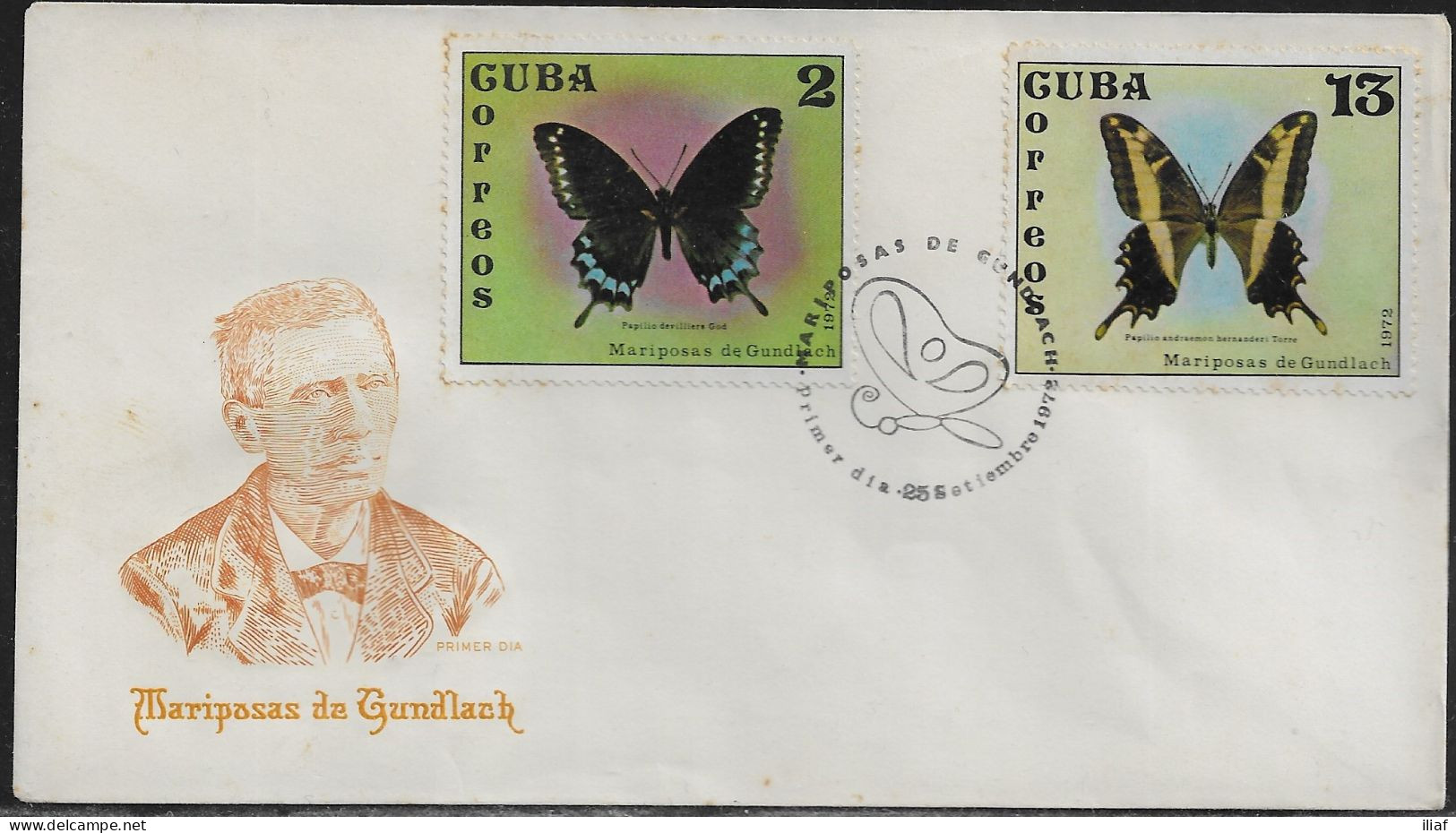 Cuba FDC Sc._1728, 1732.   Butterflies 1972. Juan Cristóbal Gundlach.  FDC Cancellation On FDC Envelope - FDC