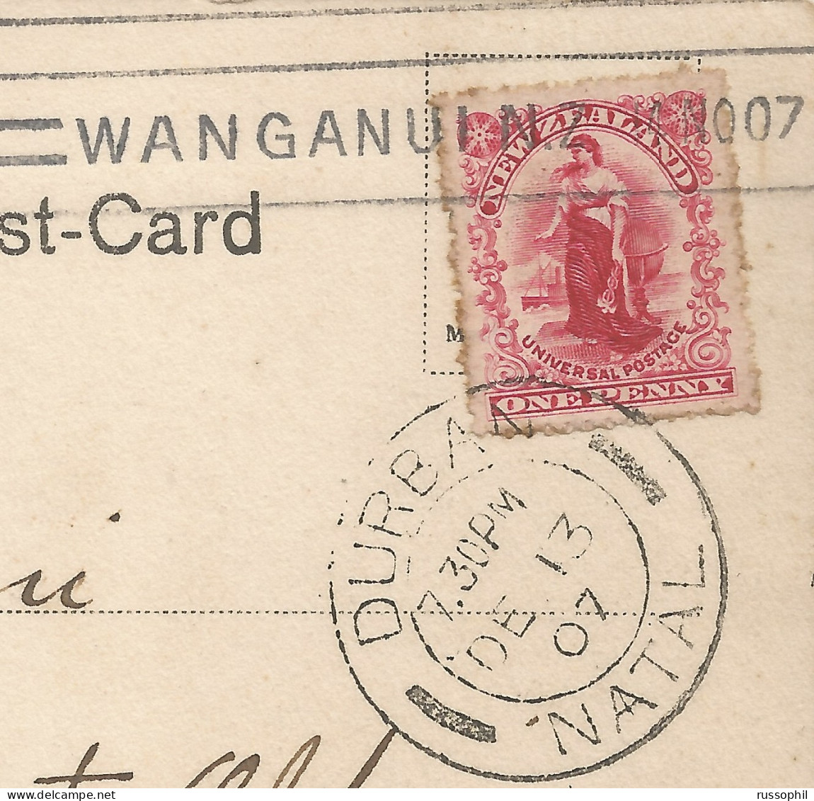 NZ - FRANKED PC (VIEW OF WANGANUI) FROM WANGANUI TO SOUTH AFRICA / NATAL - GOOD DESTINATION - 1907 - Covers & Documents