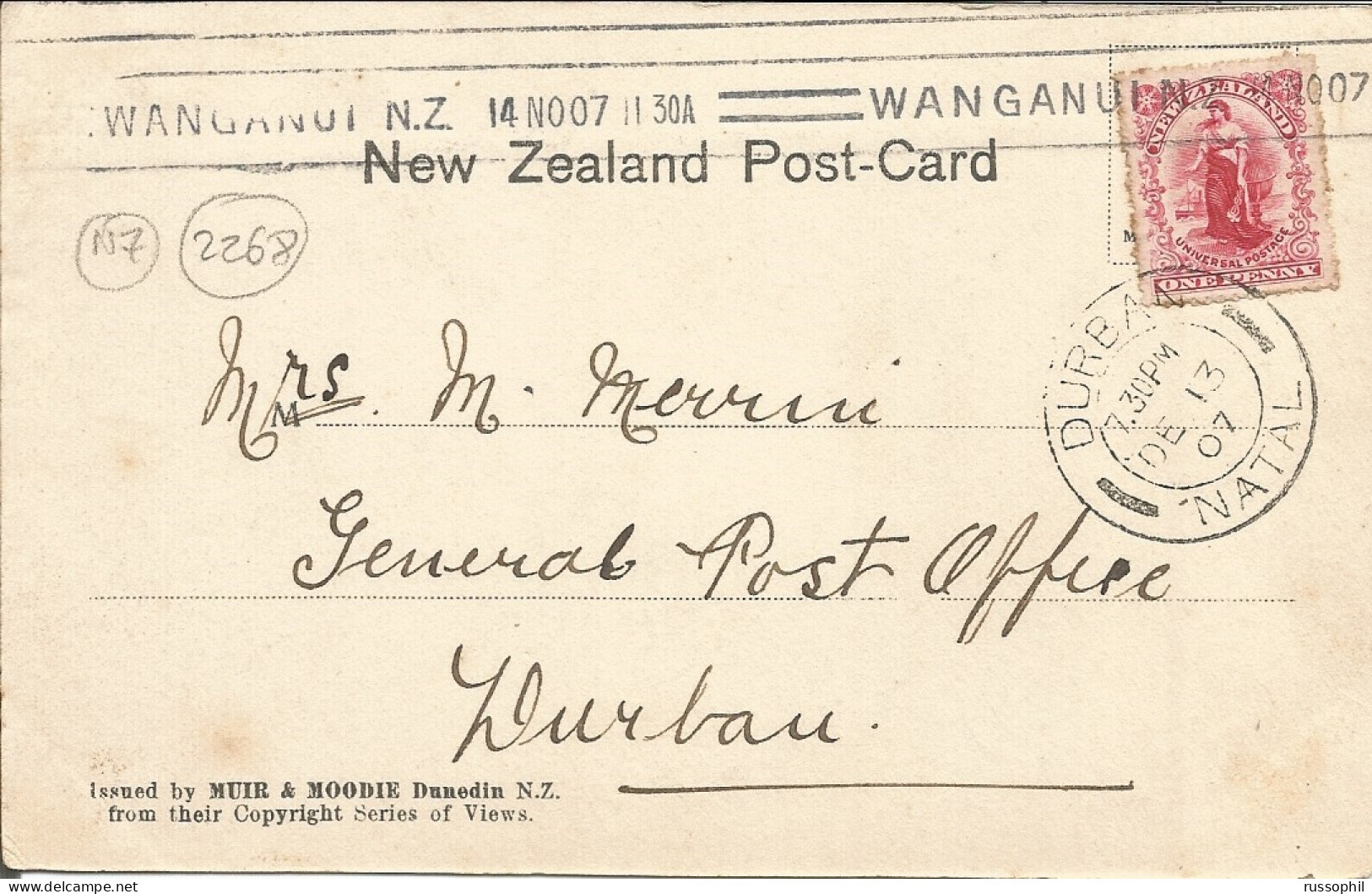 NZ - FRANKED PC (VIEW OF WANGANUI) FROM WANGANUI TO SOUTH AFRICA / NATAL - GOOD DESTINATION - 1907 - Lettres & Documents