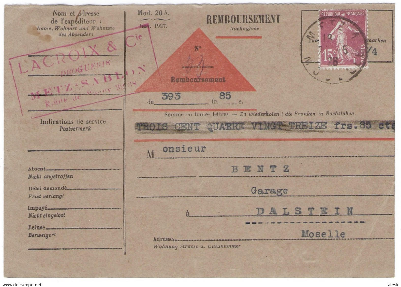 CARTE De REMBOURSEMENT -  Lot 13 Cartes - Voir Scannes - Metz à Dalstein De 1928 à 1933 - Semeuse N°189 - Tarifs Postaux