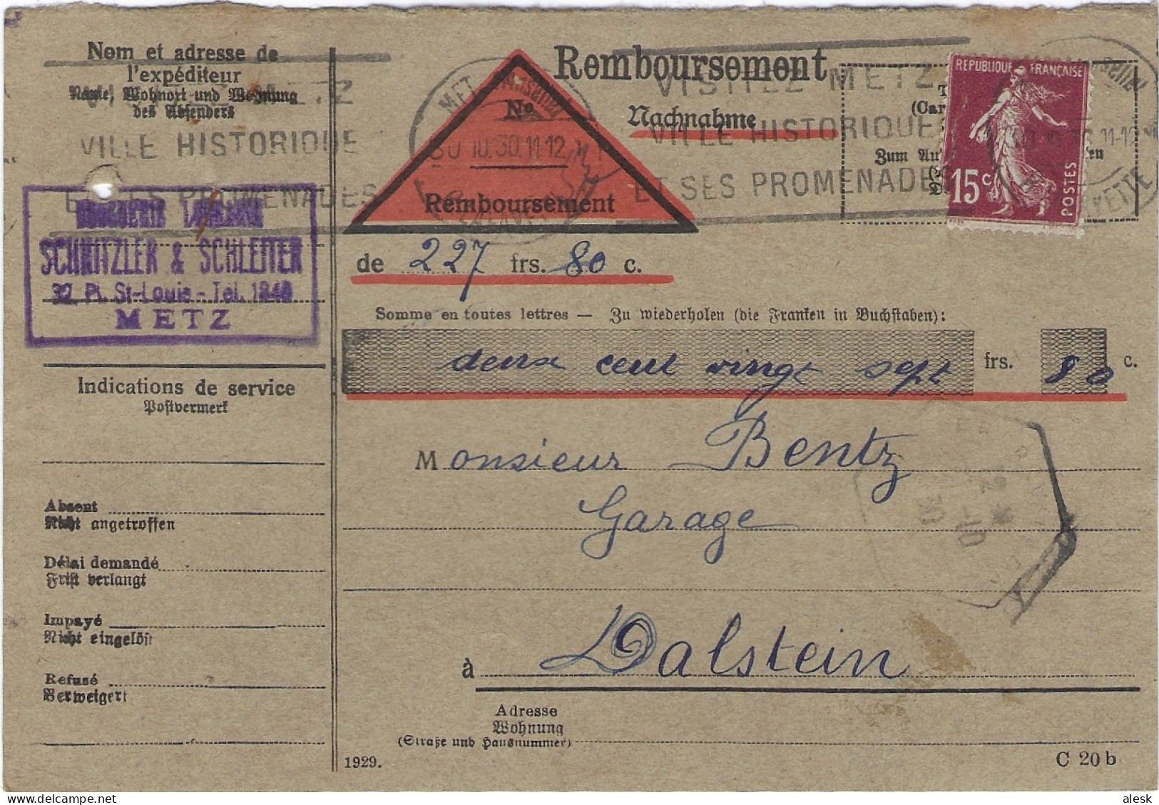 CARTE De REMBOURSEMENT -  Lot 13 Cartes - Voir Scannes - Metz à Dalstein De 1928 à 1933 - Semeuse N°189 - Tarifs Postaux