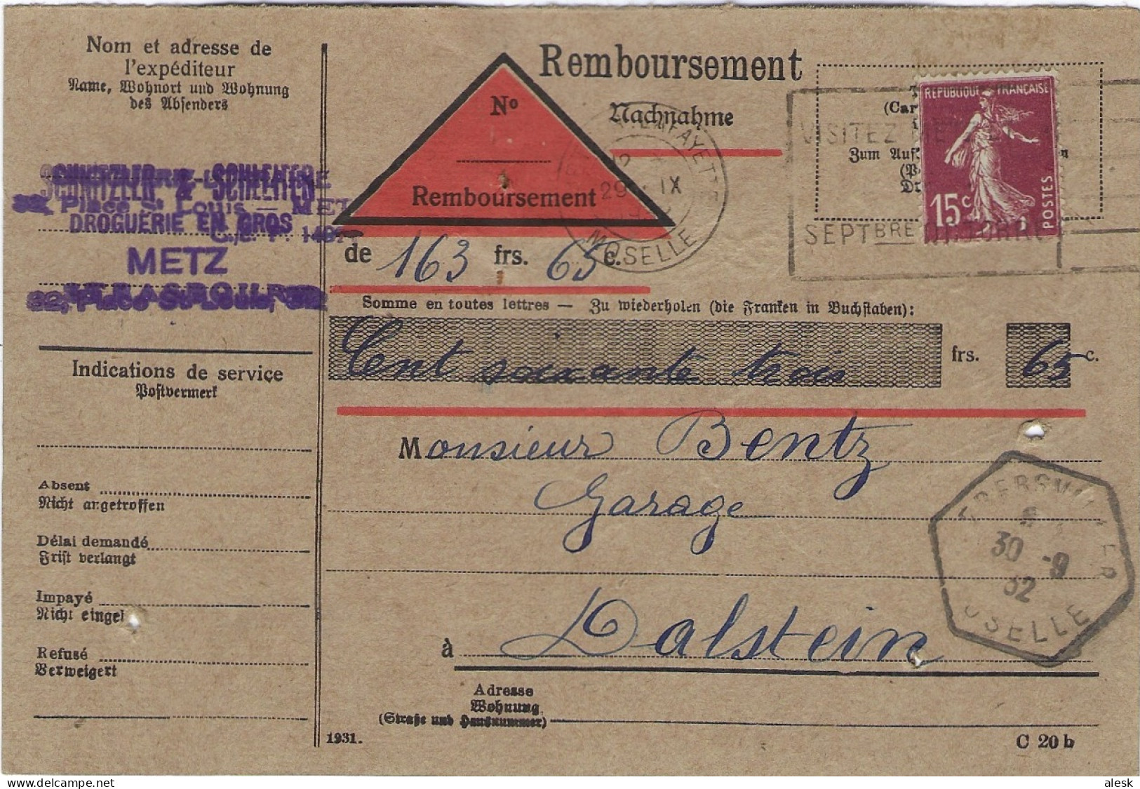 CARTE De REMBOURSEMENT -  Lot 13 Cartes - Voir Scannes - Metz à Dalstein De 1928 à 1933 - Semeuse N°189 - Posttarife