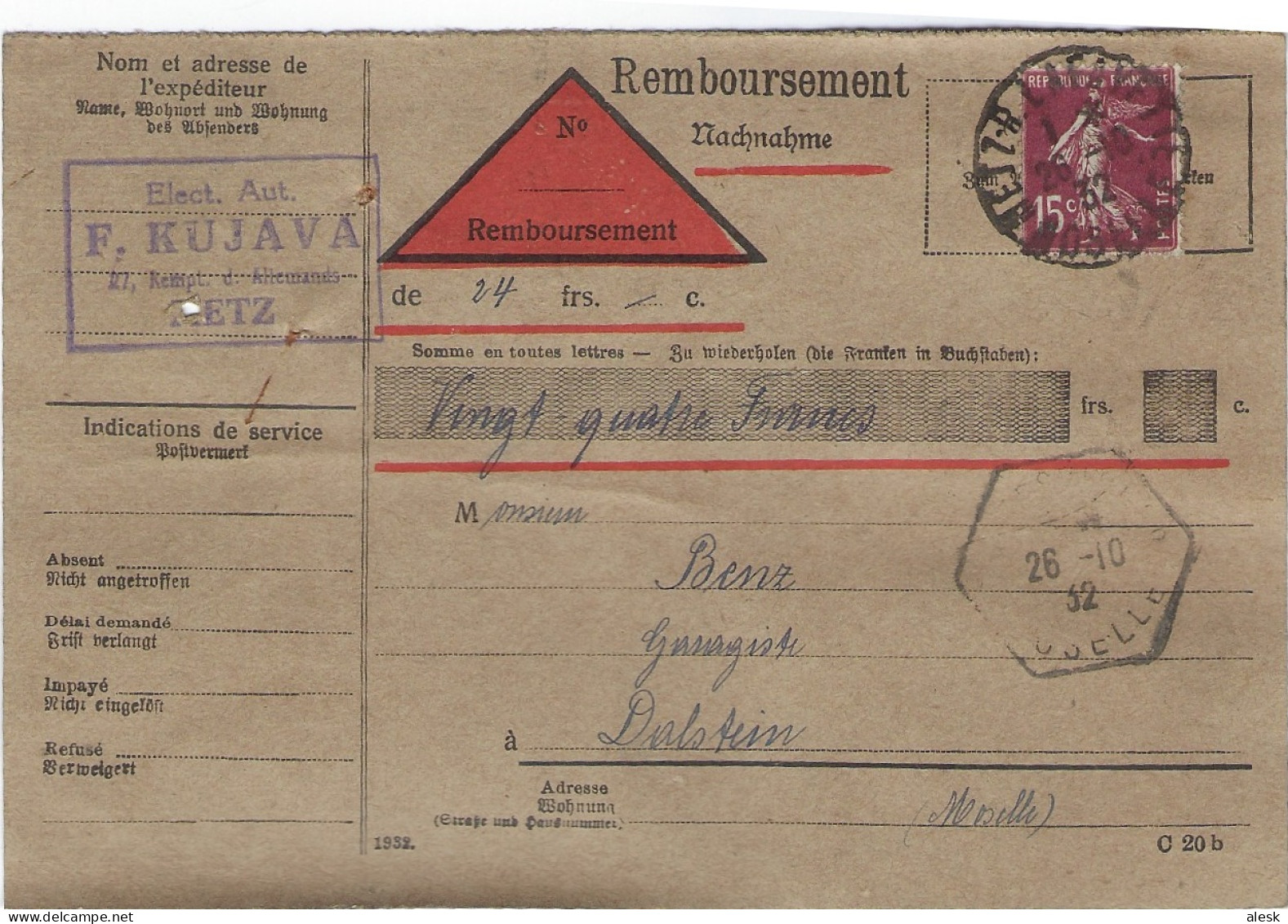 CARTE de REMBOURSEMENT -  Lot 13 cartes - Voir scannes - Metz à Dalstein de 1928 à 1933 - Semeuse n°189