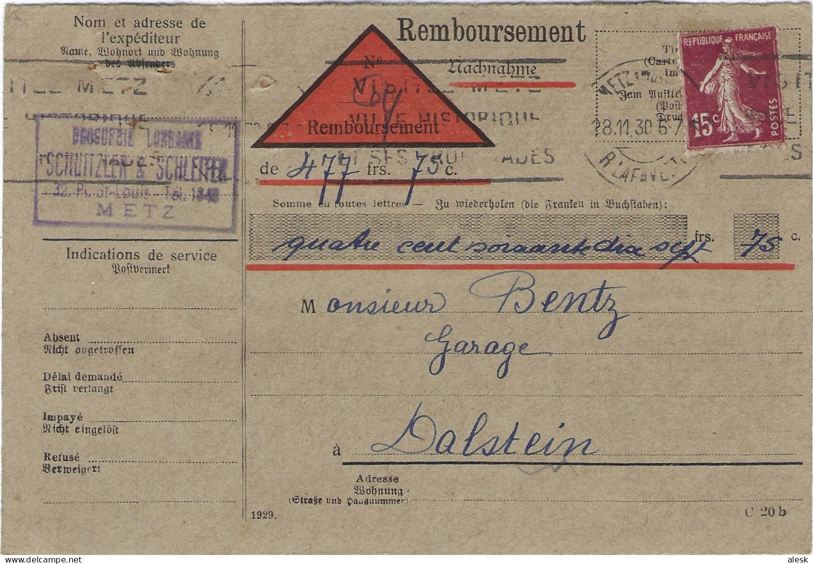 CARTE de REMBOURSEMENT -  Lot 13 cartes - Voir scannes - Metz à Dalstein de 1928 à 1933 - Semeuse n°189