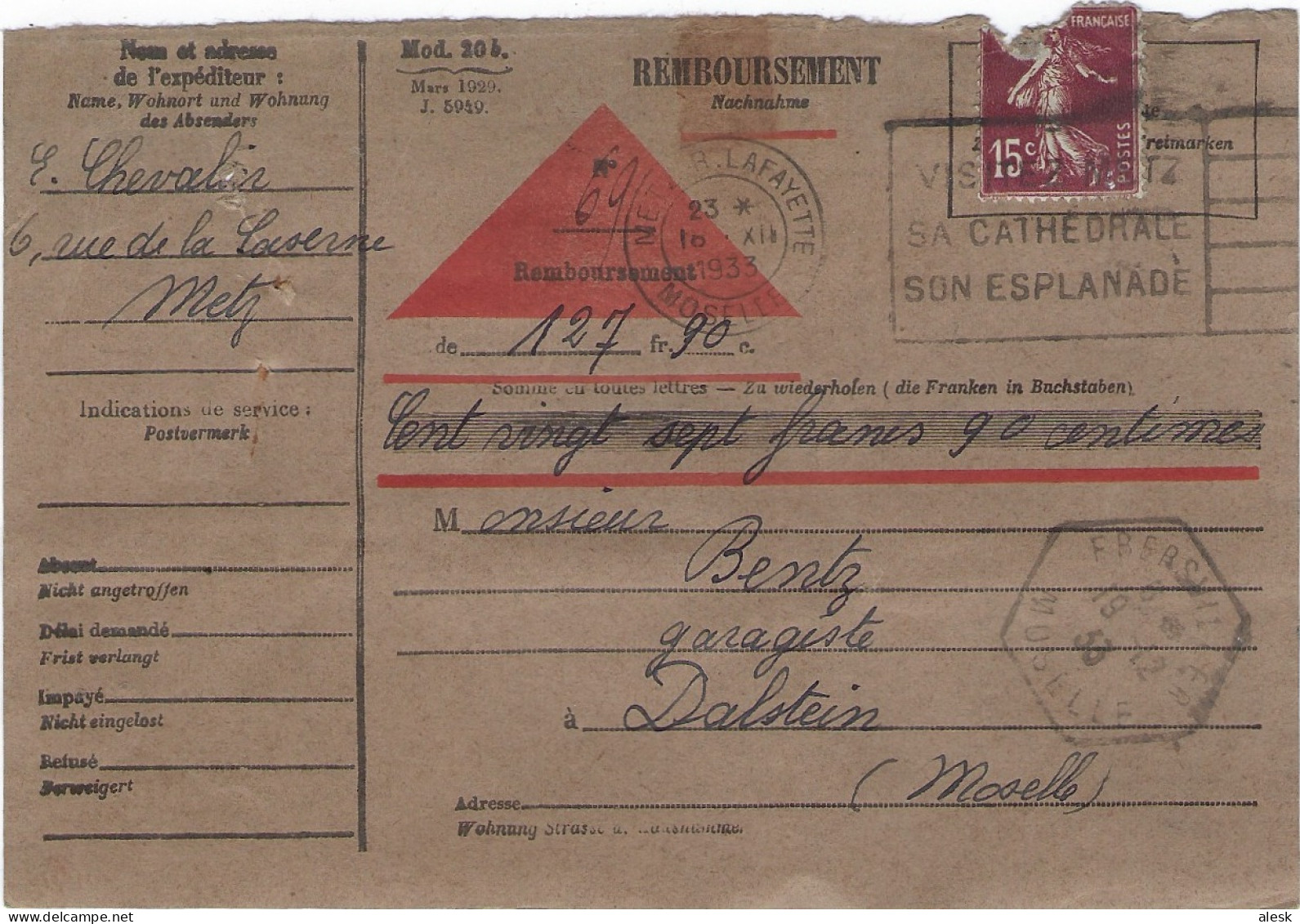 CARTE de REMBOURSEMENT -  Lot 13 cartes - Voir scannes - Metz à Dalstein de 1928 à 1933 - Semeuse n°189