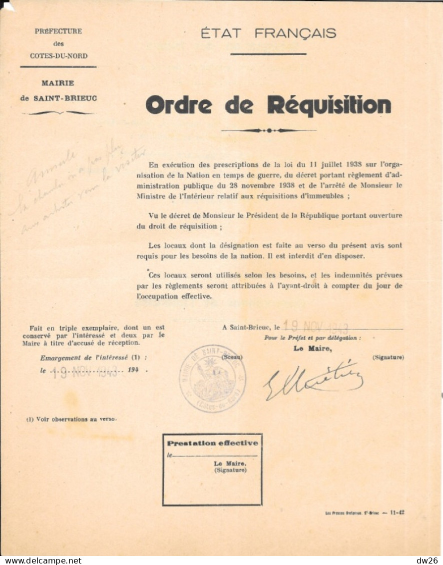 Mairie De Saint-Brieuc Sous L'Occupation Allemande: Ordre De Réquisition, + Divers Courriers 1941 à 1943 (à M. Faure) - 1939-45