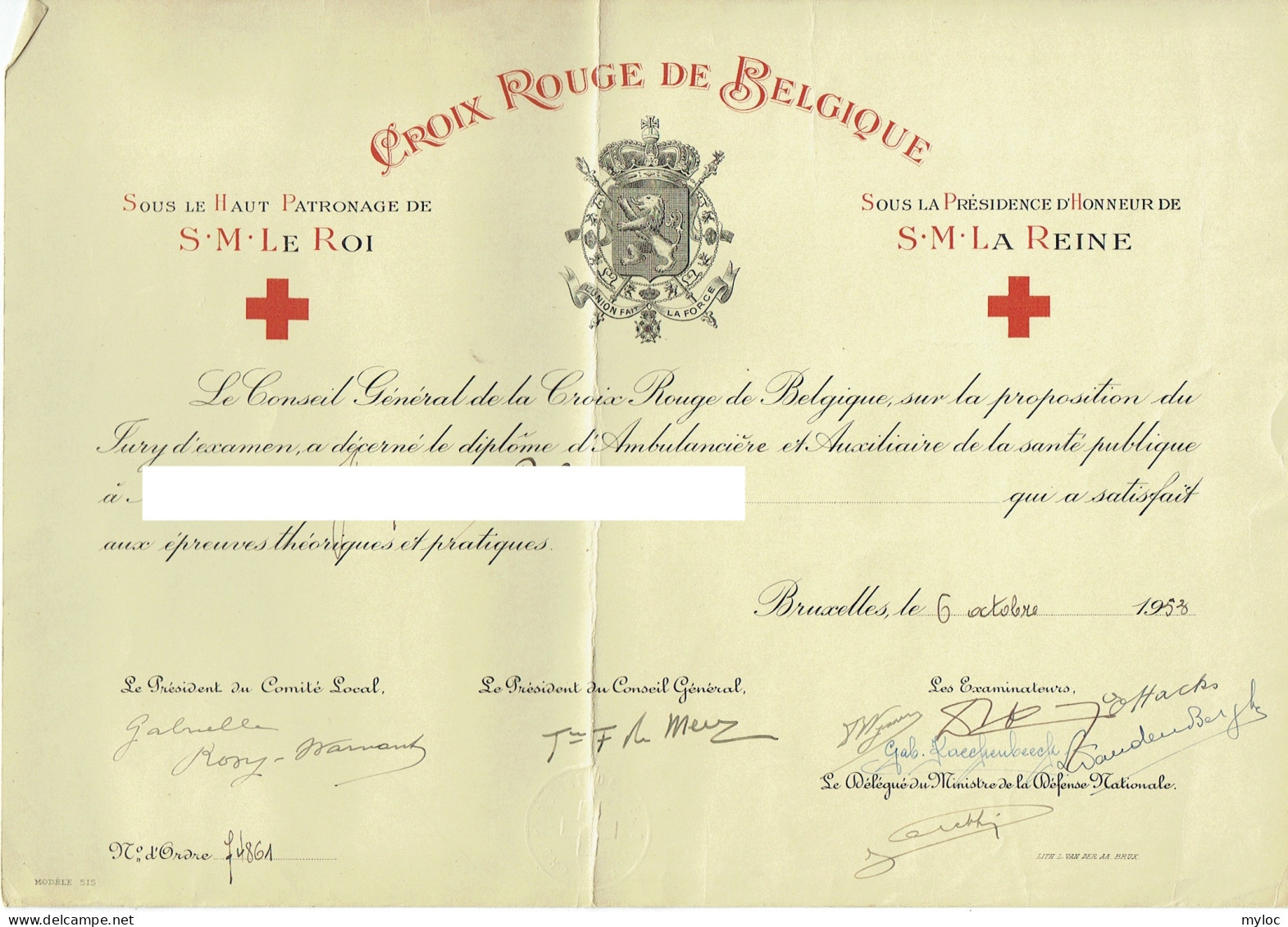 Croix Rouge De Belgique. Diplôme Ambulancière Et Auxillaire De Santé Publique. 1953. - Cruz Roja