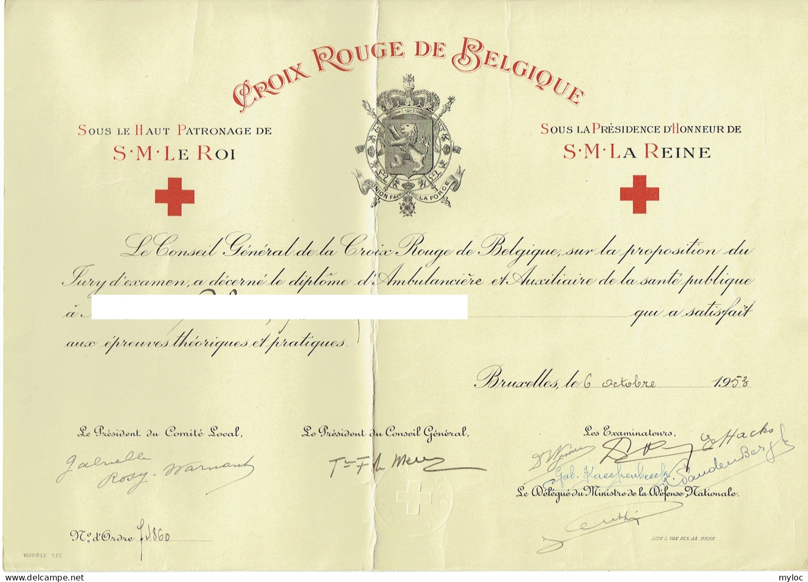 Croix Rouge De Belgique. Diplôme Ambulancière Et Auxillaire De Santé Publique. 1953. - Cruz Roja