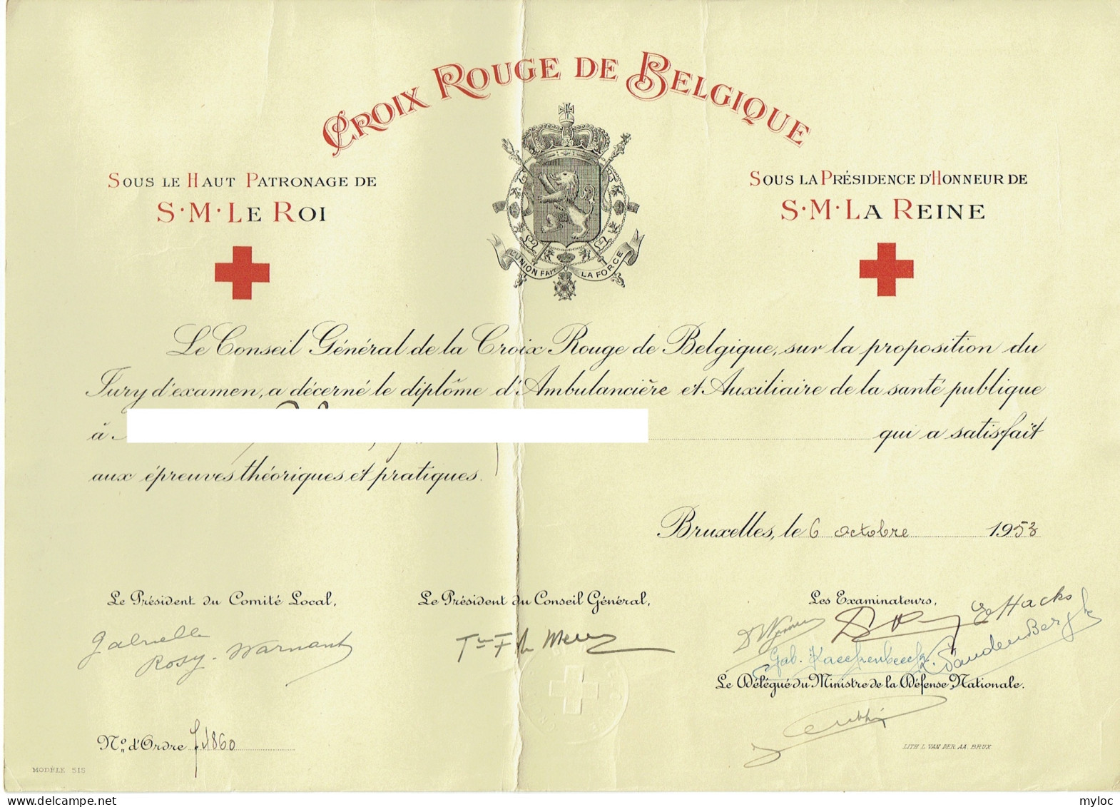 Croix Rouge De Belgique. Diplôme Ambulancière Et Auxillaire De Santé Publique. 1953. - Croix-Rouge