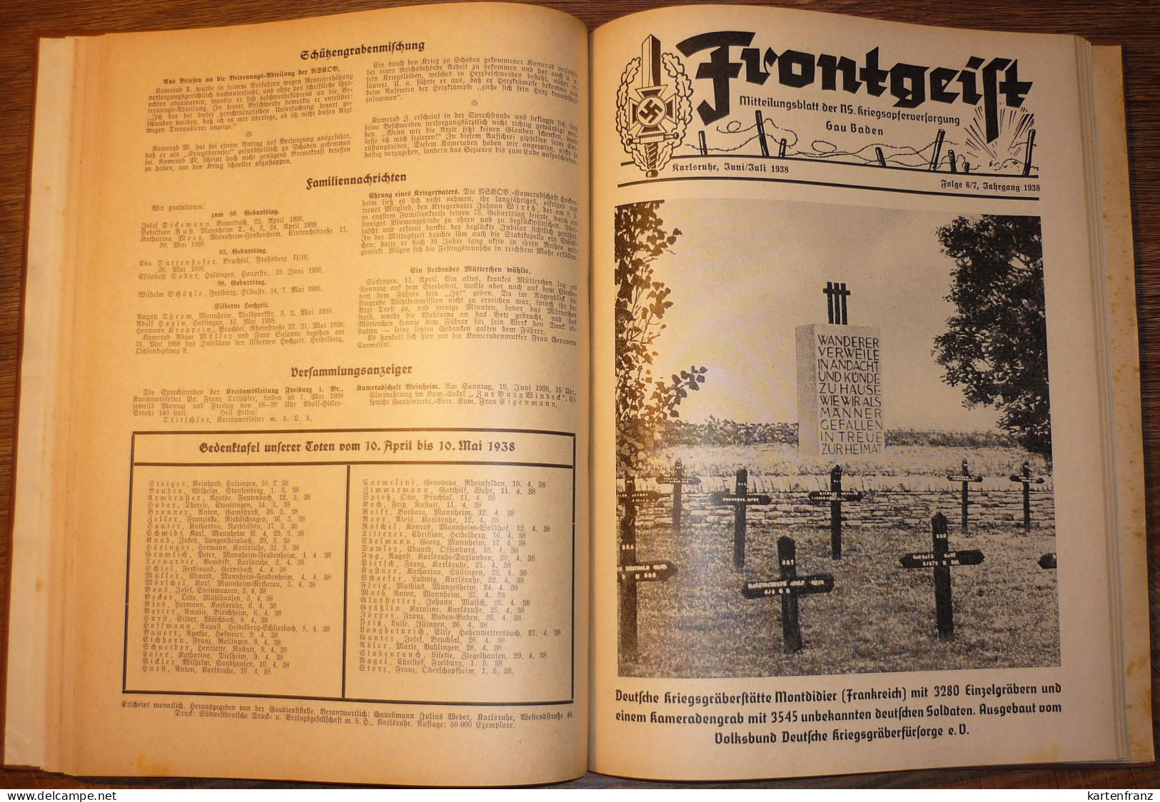 Buch Zeitung Frontgeist 1937 / 38 NSKOV Gau Baden / Juni 1937 - Dezember 1938 ( 19x ) - Autograph Weber Gauamtsleiter NS - 5. World Wars
