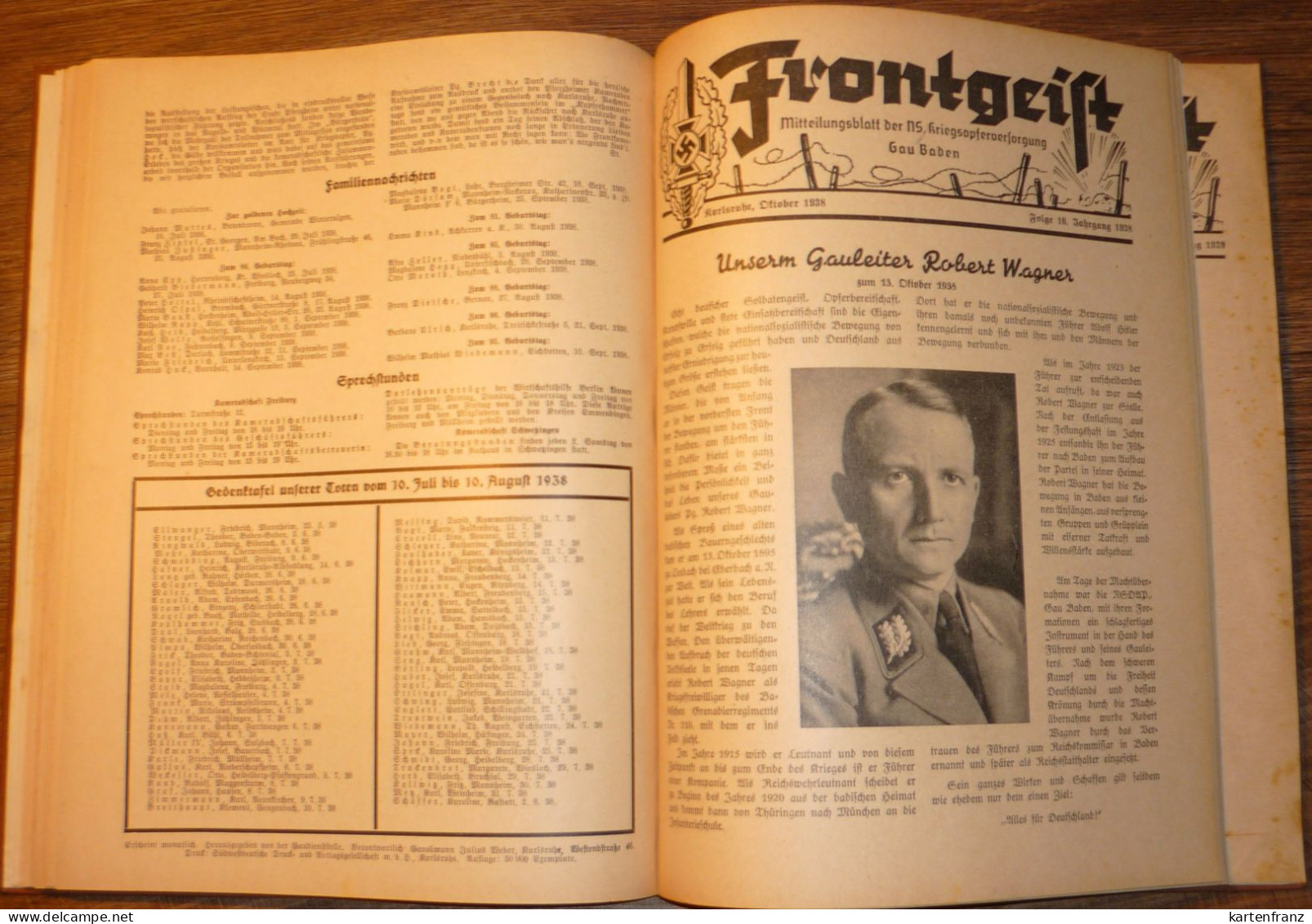 Buch Zeitung Frontgeist 1937 / 38 NSKOV Gau Baden / Juni 1937 - Dezember 1938 ( 19x ) - Autograph Weber Gauamtsleiter NS - 5. World Wars