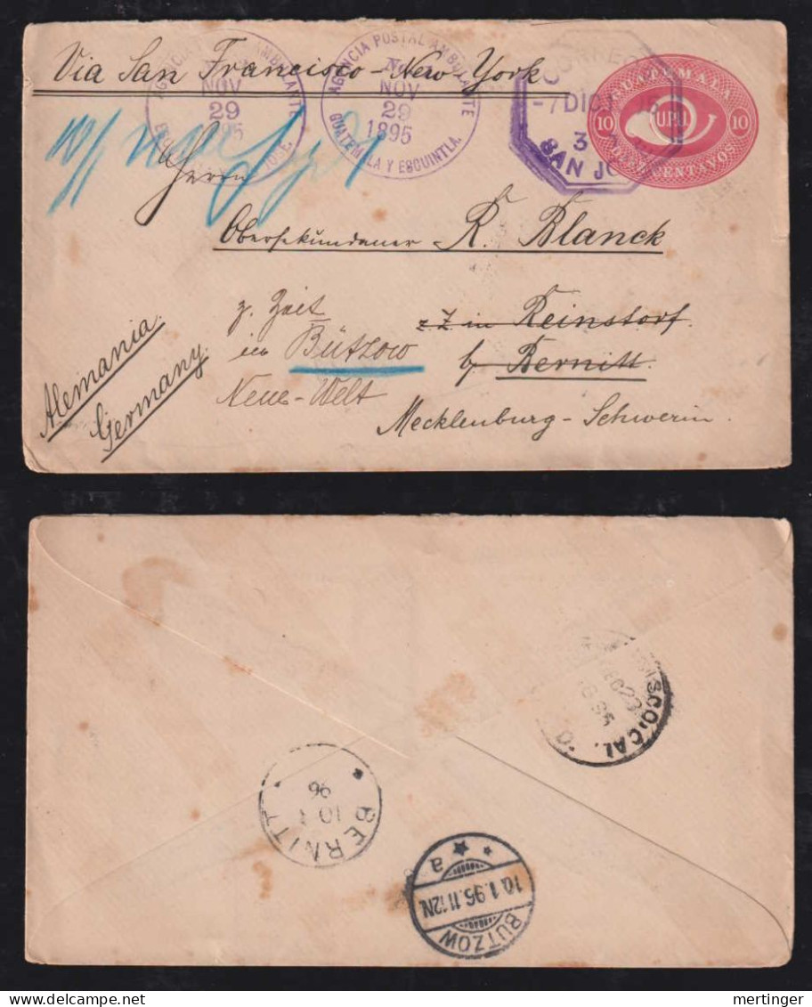 Guatemala 1895 Stationery Envelope AMBULANTE Guatemala Y Escunitla Railway Postmark SAN JOSE X BUTZOW Germany Via San Fr - Guatemala