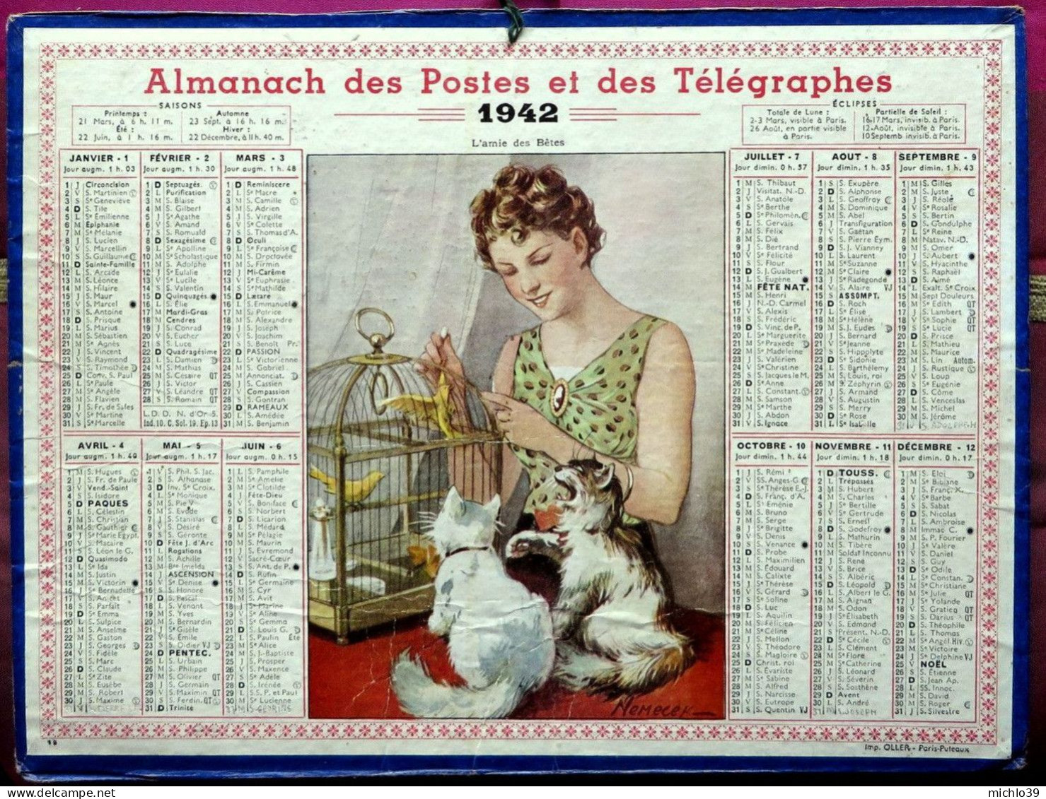 Calendrier Grand Format 1942 Des Postes Et Des Télégraphes "l'amie Des Bêtes" - Tamaño Grande : 1941-60