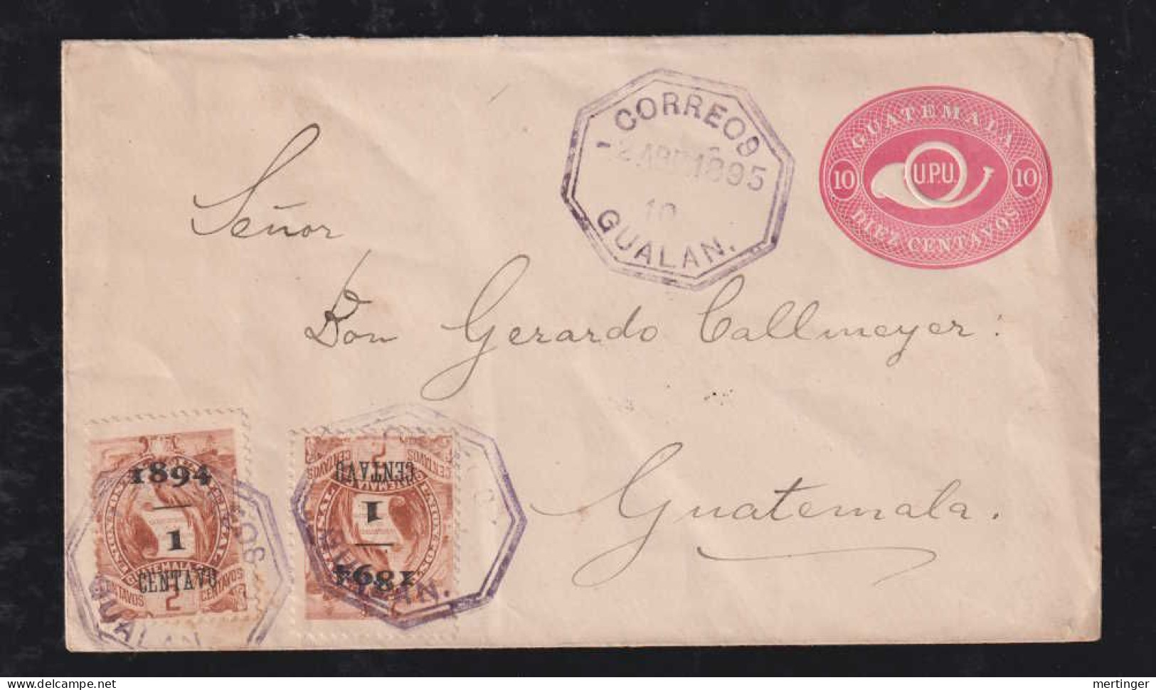 Guatemala 1895 Uprated Stationery Envelope GUALAN Overprint Stamps - Guatemala