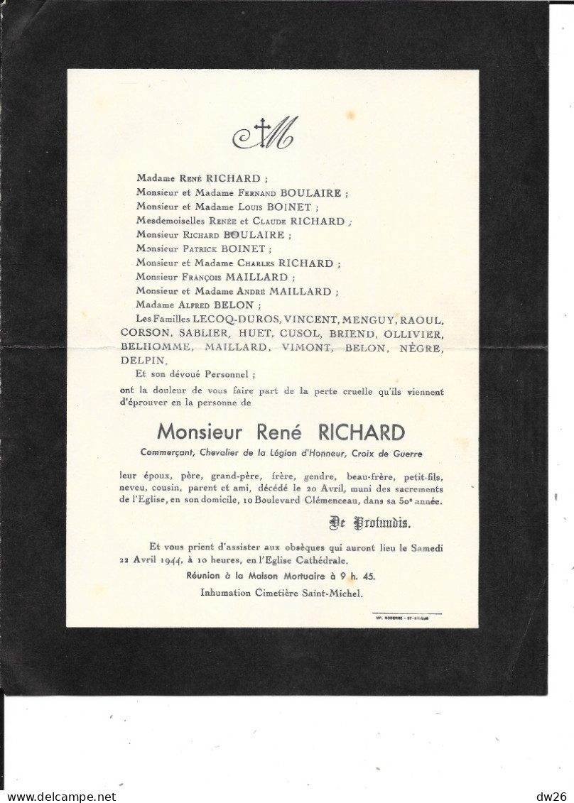 Faire-part Du Décès De René Richard, Chevalier De La Légion D'Honneur Le 20 Avril 1944 à Saint-Brieuc (22) - Todesanzeige
