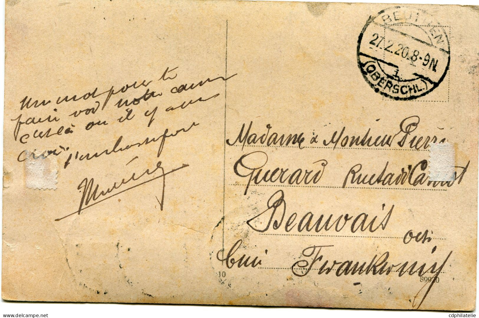 POLOGNE CARTE POSTALE -BEUTHEN DEPART BEUTHEN 27-2-20 POUR LA FRANCE - Briefe U. Dokumente