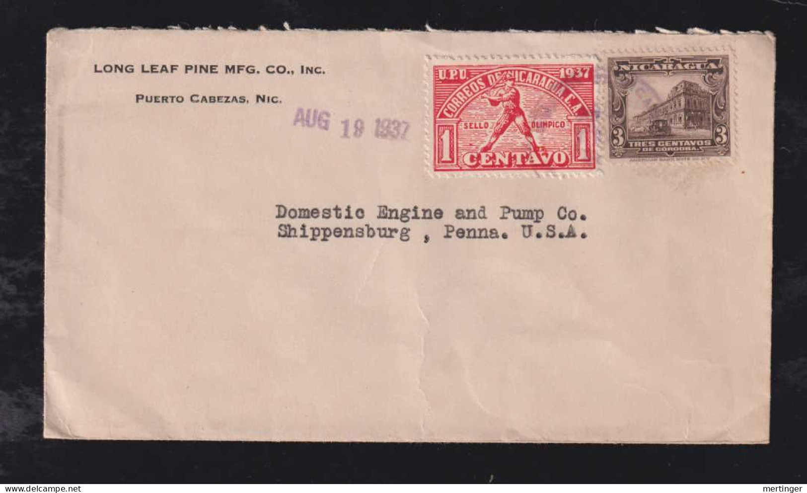 Nicaragua 1937 Cover PUERTO CABEZAS X SHIPPENSBURG USA Olympia Baseball Stamp - Nicaragua