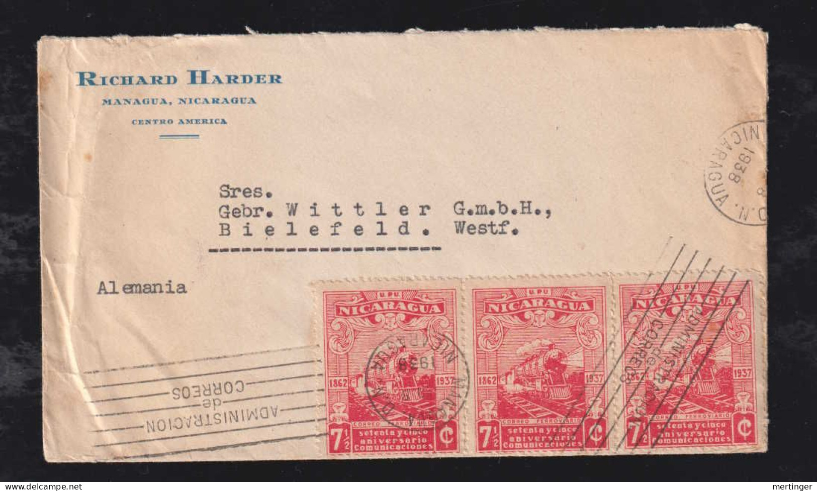 Nicaragua 1938 Cover MANAGUA X BIELEFELD Germany 3x 7½ Railway Stamp - Nicaragua