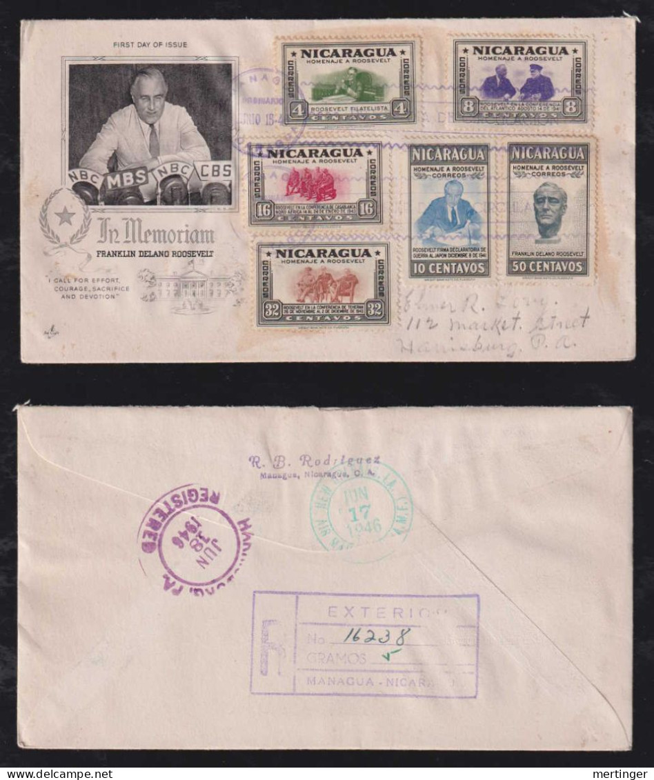 Nicaragua 1946 Registered FDC Cover ROOSEVELT To HARISBURG USA - Nicaragua