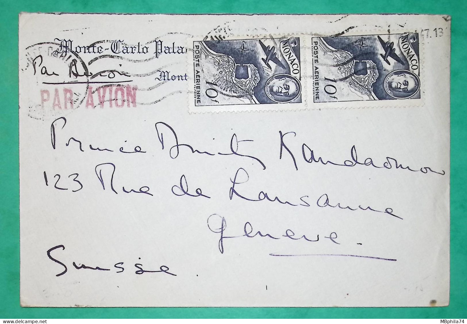 10F POSTE AERIENNE ROOSEVELT X2 MONACO LETTRE PAR AVION MONTE CARLO POUR GENEVE SUISSE COVER - Brieven En Documenten