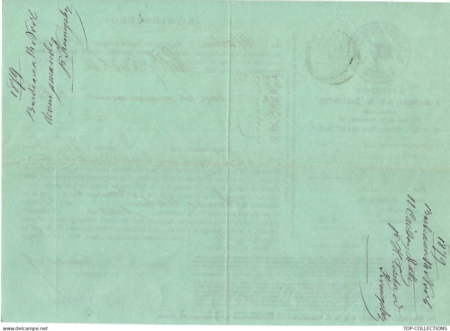 1879 NAVIGATION  CONNAISSEMENT BILL OF LADING Cie Danoise V. HISTORIQUE   Konisberg Pour Copenhague « Thyra » Fut Amande - 1800 – 1899