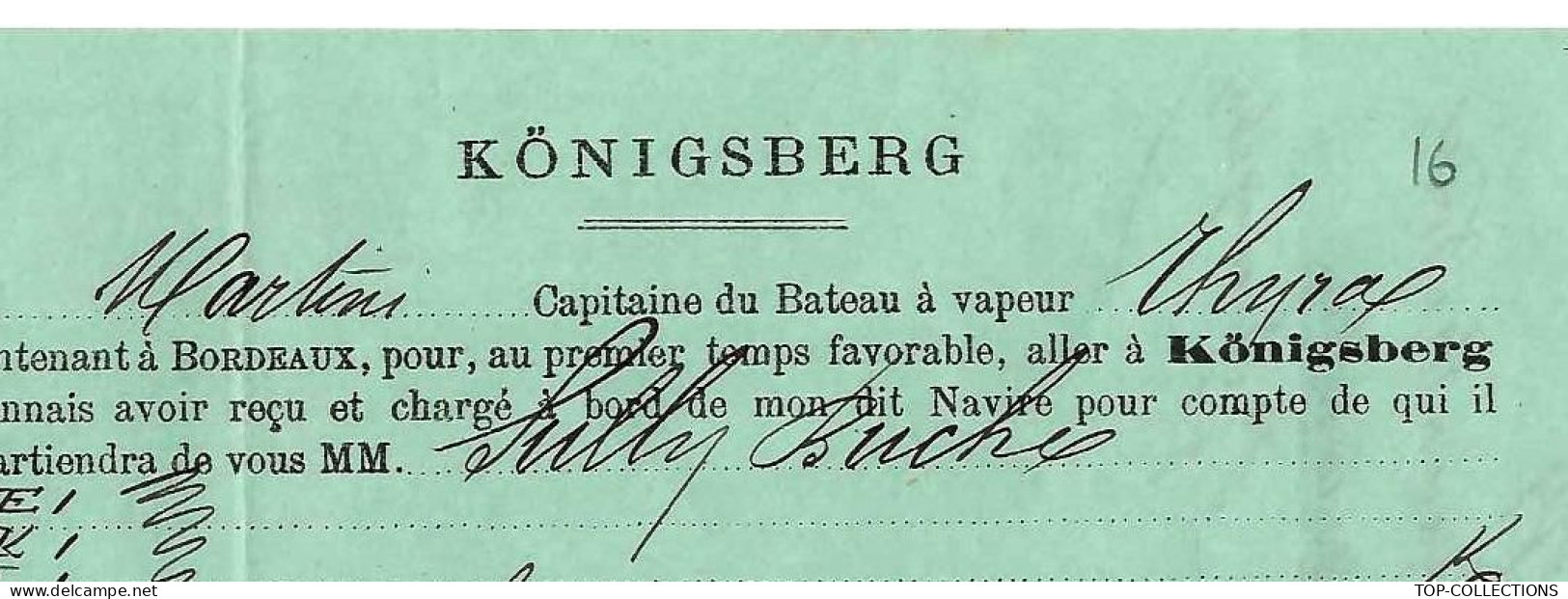 1879 NAVIGATION  CONNAISSEMENT BILL OF LADING Cie Danoise V. HISTORIQUE   Konisberg Pour Copenhague « Thyra » Fut Amande - 1800 – 1899