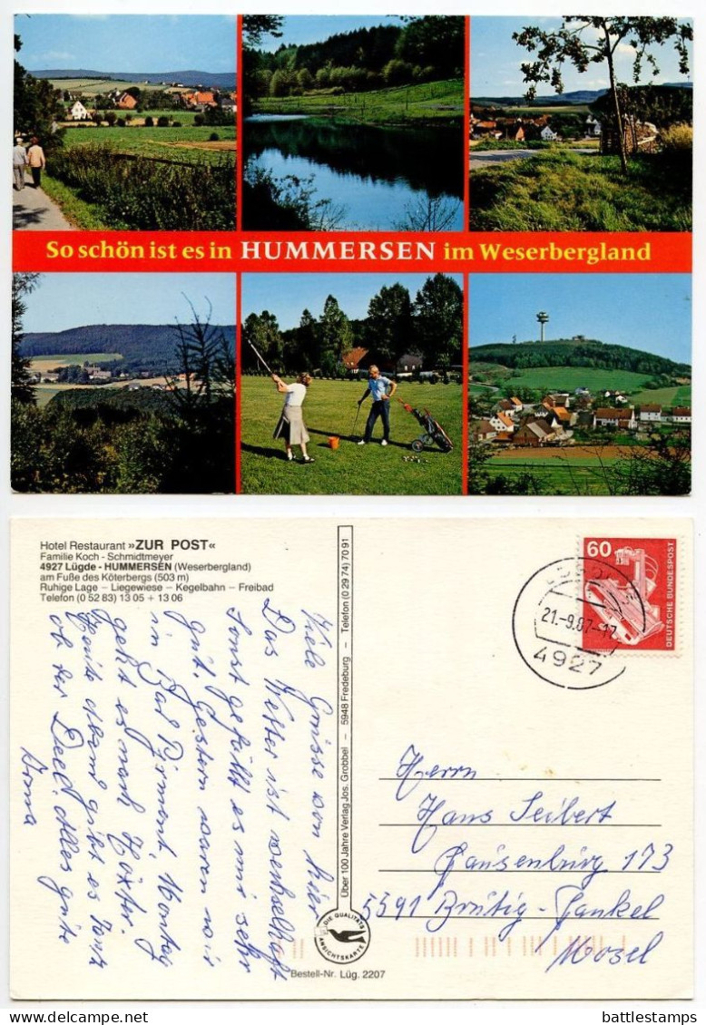 Germany, West 1987 Postcard Lüdge - Hummersen (Weserbergland) - Multiple Scenic Views; 60pf. X-Ray Machine Stamp - Luedge