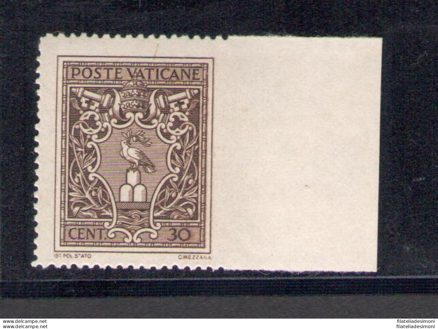 1945 VATICANO - N° 92f Medaglioncini 30 Cent Bruno Non Dentellato A Destra MNH* - Errors & Oddities
