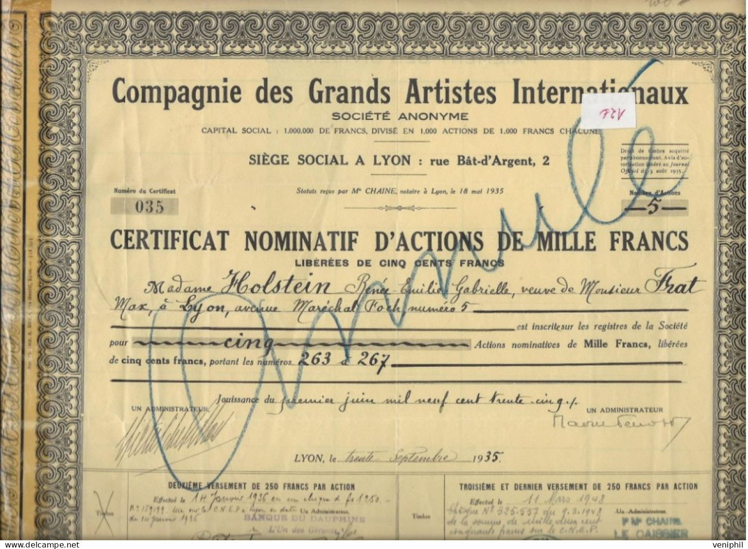 COMPAGNIE DES GRANDS ARTISTES INTERNATIONAUX -CERTIFICAT NOMINATIF D'ACTIONS DE 1000 FRS (DIVISE EN 1000 ACTIONS ) 1935 - Kino & Theater