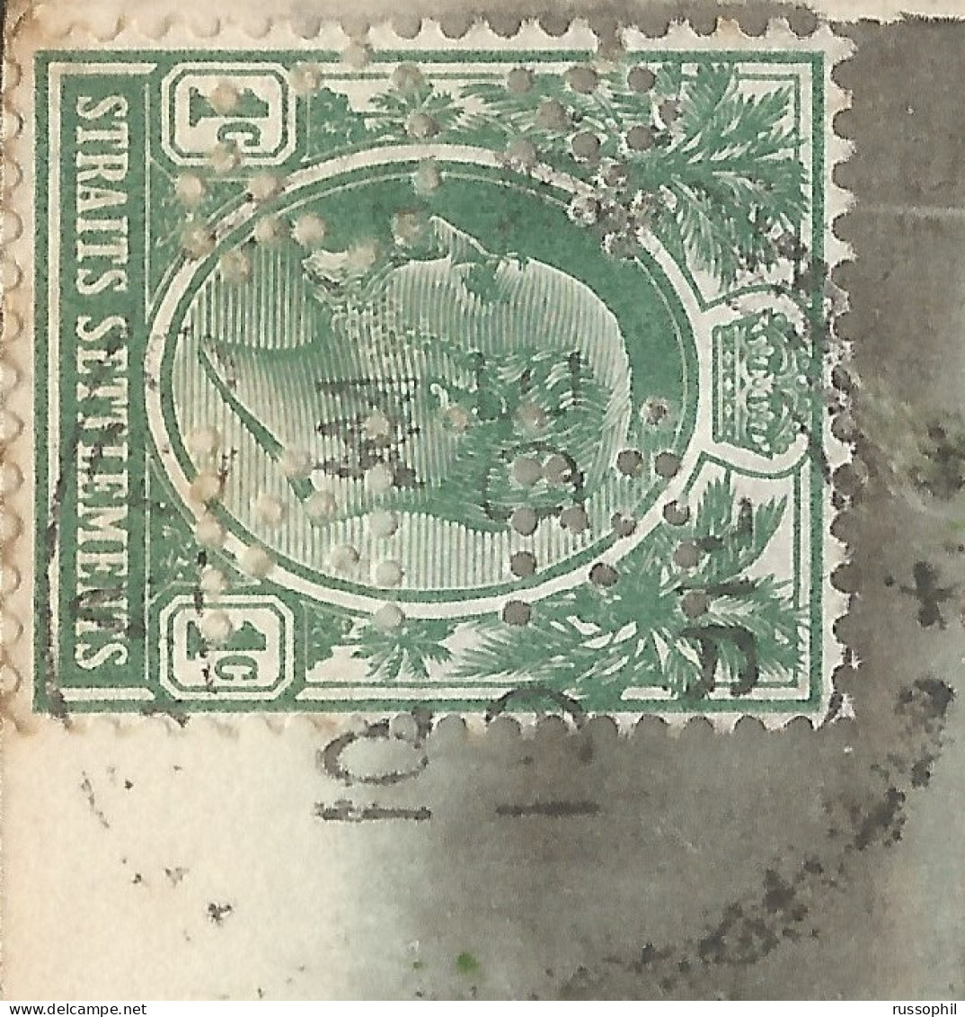 STRAITS SETTLEMENTS - "W.M & CO" PERFIN STAMP ON FRANKED PC SENT FROM SRAITS STEAMSHIP CO "S.S. KNEAB" TO FRANCE - 1910 - Singapour (...-1959)