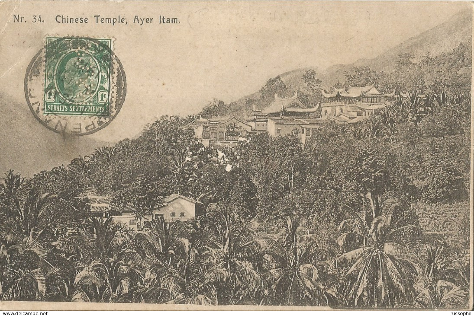 STRAITS SETTLEMENTS - "B & Co" PERFIN STAMP ON FRANKED PC (VIEW OF AYER ITAM) SENT FROM PENANG TO FRANCE - 1912 - Singapur (...-1959)