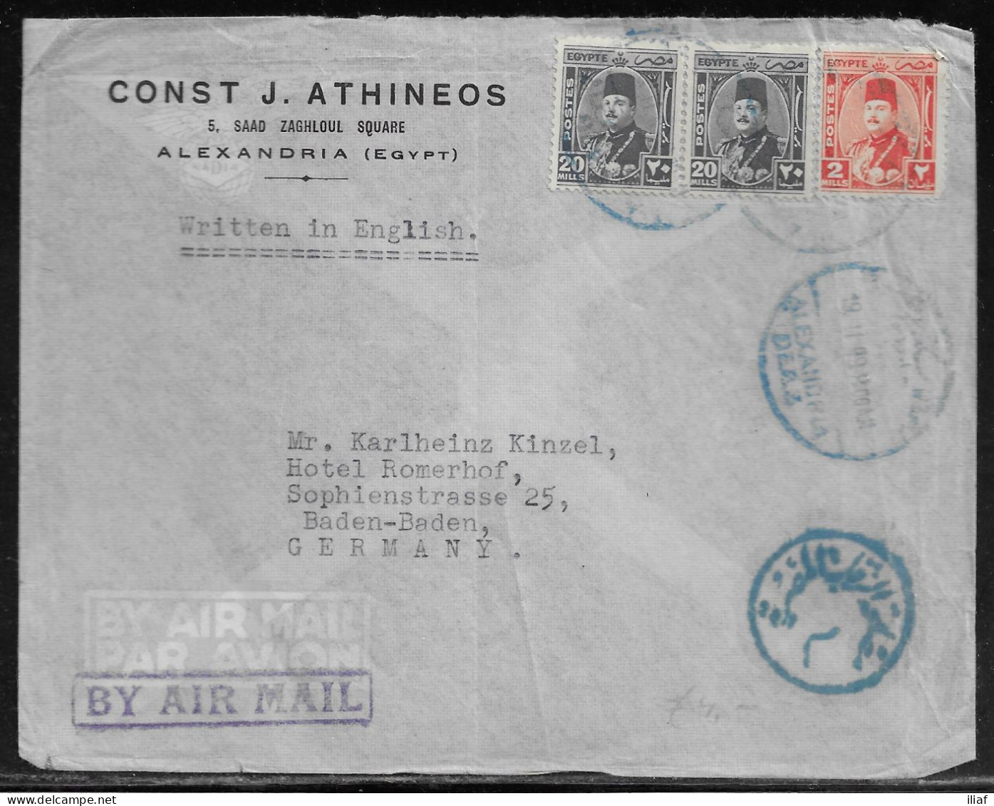 Egypt. Stamps Sc. 243, 250 On Air Mail Letter, Sent From Alexandria On 19.11.1949 To Germany - Covers & Documents