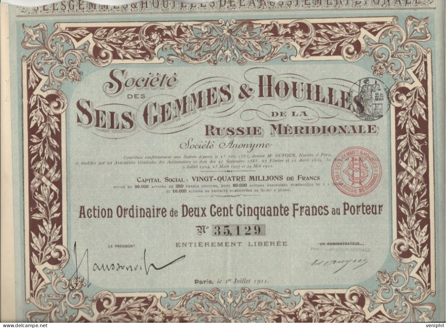 SOCIETE DES SELS GEMMES ET HOUILLES DE LA RUSSIE MERIDIONALE - ACTION  ORDINAIRE DE 250 FRS  -ACTION 1911 - Mijnen