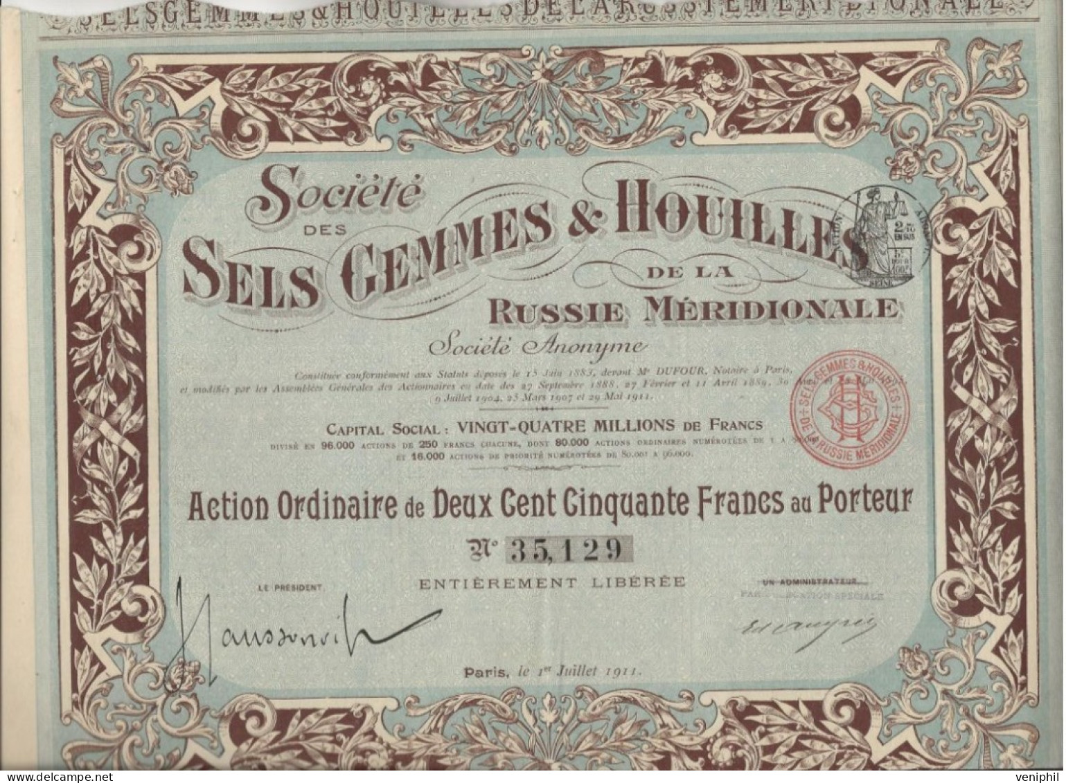 SOCIETE DES SELS GEMMES ET HOUILLES DE LA RUSSIE MERIDIONALE - ACTION  ORDINAIRE DE 250 FRS  -ACTION 1911 - Miniere