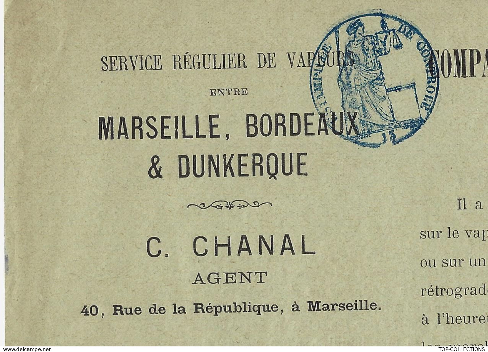1891 NAVIGATION CONNAISSEMENT BILL OF LADING CIE GENERALE DES BATEAUX A VAPEUR HELICE DU NORD Marseille Pour Bordeaux - 1800 – 1899