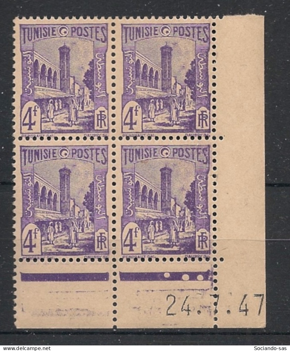 TUNISIE - 1945-49 - N°YT. 286A - Halfaouine 4f Lilas - Bloc De 4 Coin Daté - Neuf Luxe** / MNH - Neufs