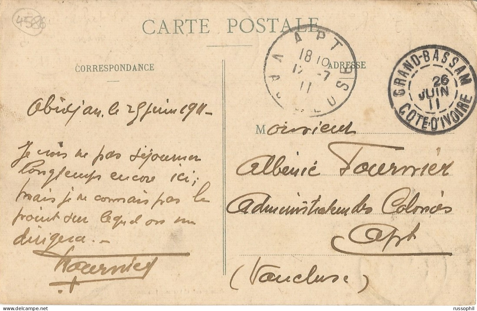 COTE D'IVOIRE - FRANKED PC (VIEW OF IVORY COAST NEAR ABIDJAN) FROM ABIDJAN TO FRANCE - GRAND BASSAM TRANSIT - 1911 - Brieven En Documenten