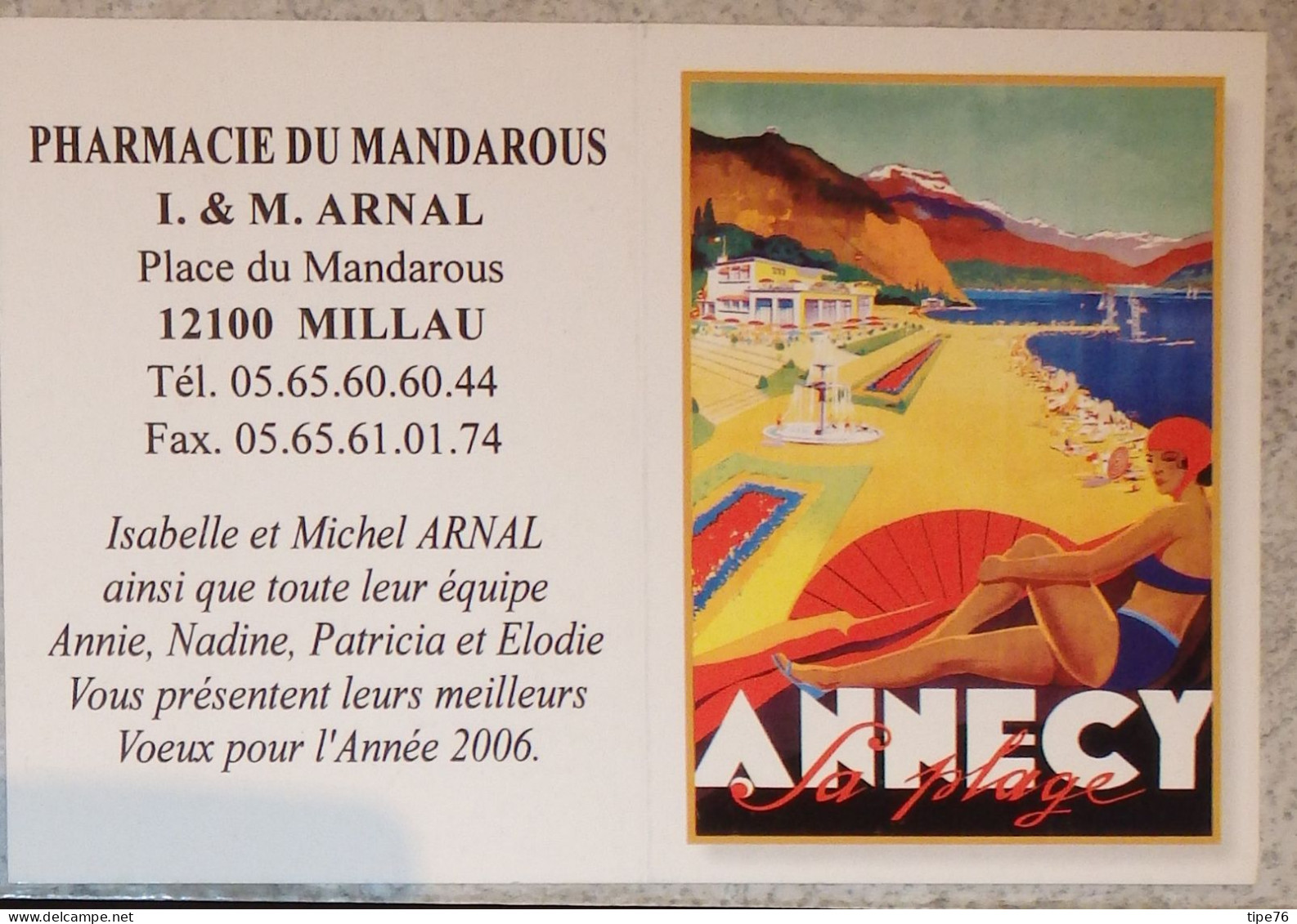 Petit Calendrier Poche 2006 Affiche Annecy Sa Plage - Pharmacie Millau Aveyron - Tamaño Pequeño : 2001-...