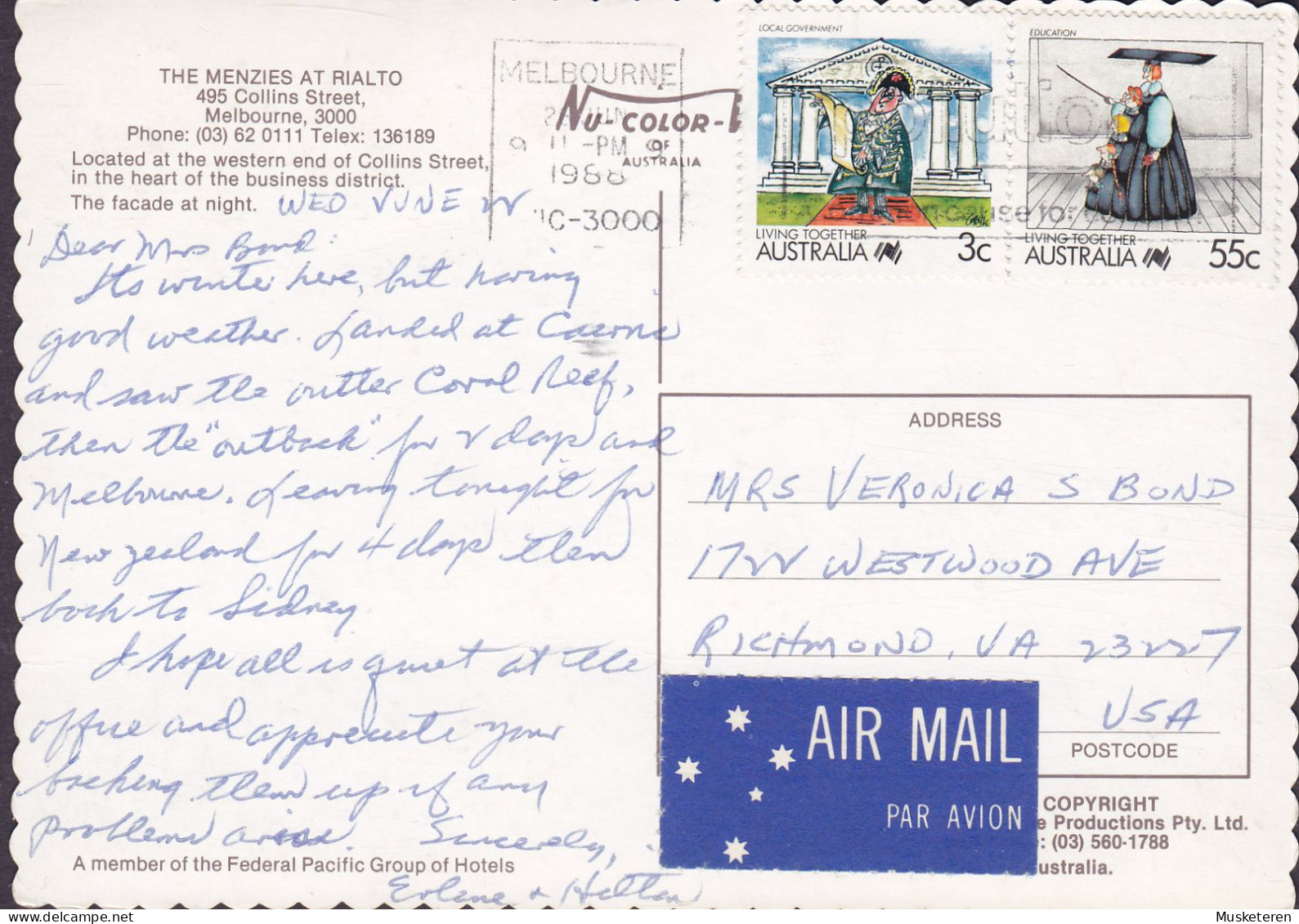 Australia PPC Melbourne The Menzies At Rialto By Night AIR MAIL Par Avion Label MELBOURNE 1988 RICHMOND United States - Melbourne