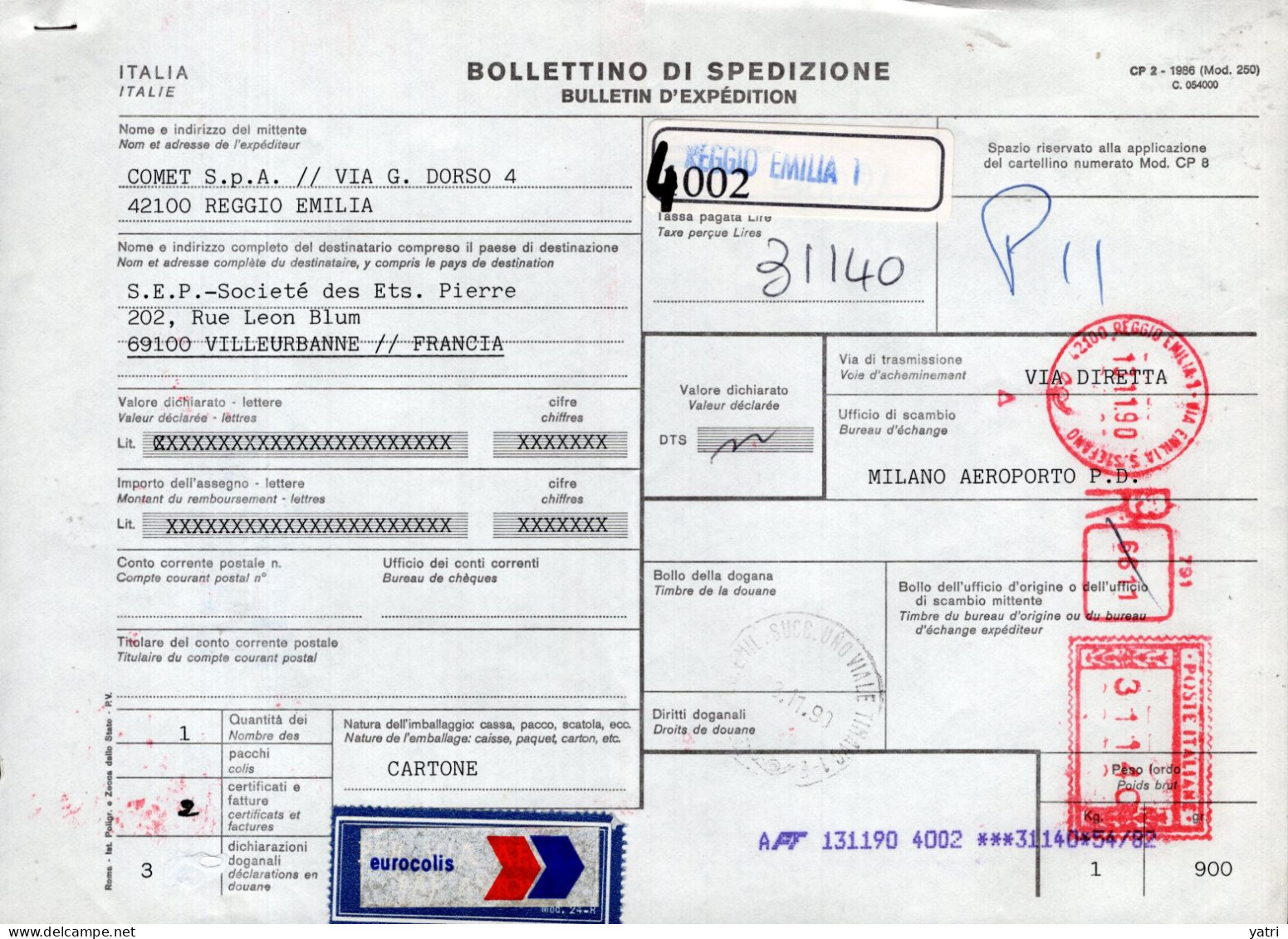 Italia (1990) - Bollettino Pacchi Via Aerea Da Reggio Emilia Per La Francia, Con Affr. Meccanica - Pacchi Postali