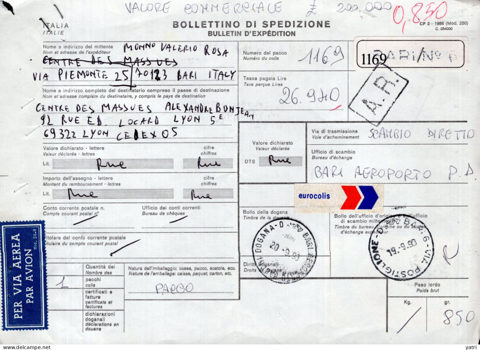Italia (1990) - Bollettino Pacchi Via Aerea Da Bari Per La Francia, Con Affr. Meccanica - Colis-postaux