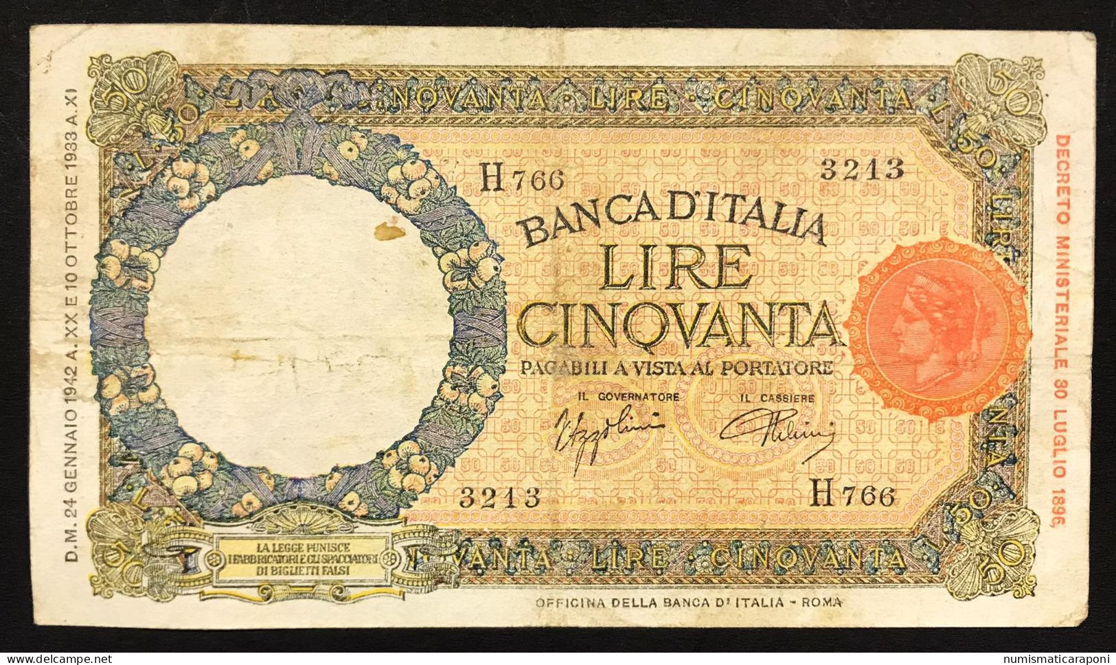 50 LIRE LUPA CAPITOLINA FASCIO II° TIPO ROMA 24 01 1942 BEL BIGLIETTO Naturale LOTTO 332 - 50 Liras