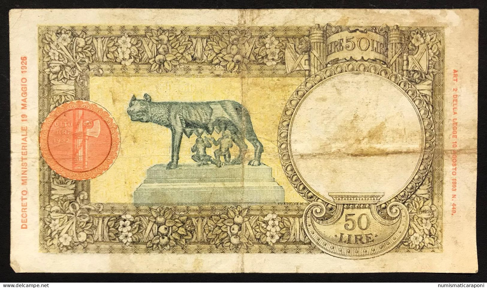 50 LIRE LUPA CAPITOLINA FASCIO II° TIPO ROMA 24 01 1942 BEL BIGLIETTO Naturale LOTTO 332 - 50 Lire