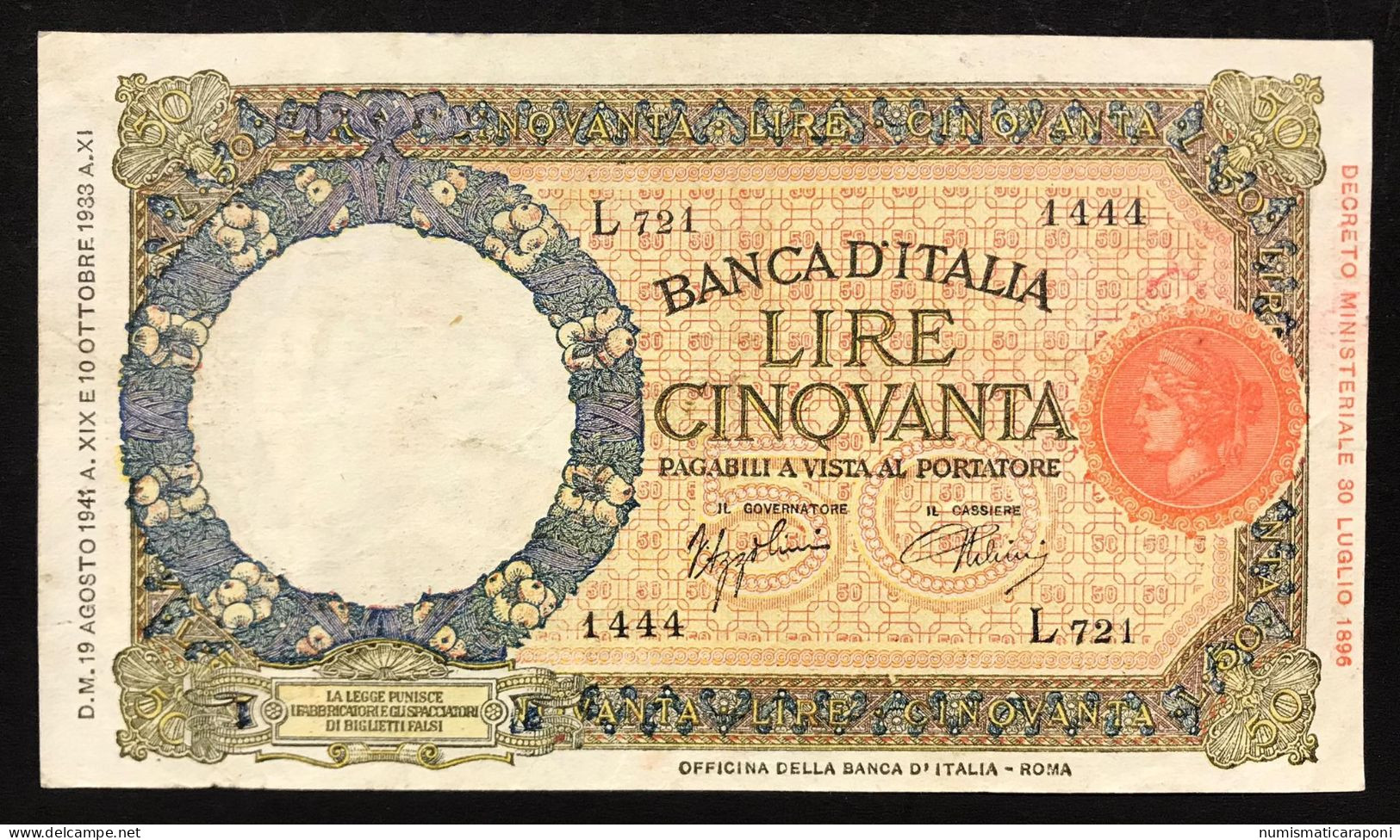 50 LIRE LUPA CAPITOLINA FASCIO II° TIPO ROMA 19 08 1941 BEL BIGLIETTO Naturale LOTTO 333 - 50 Liras