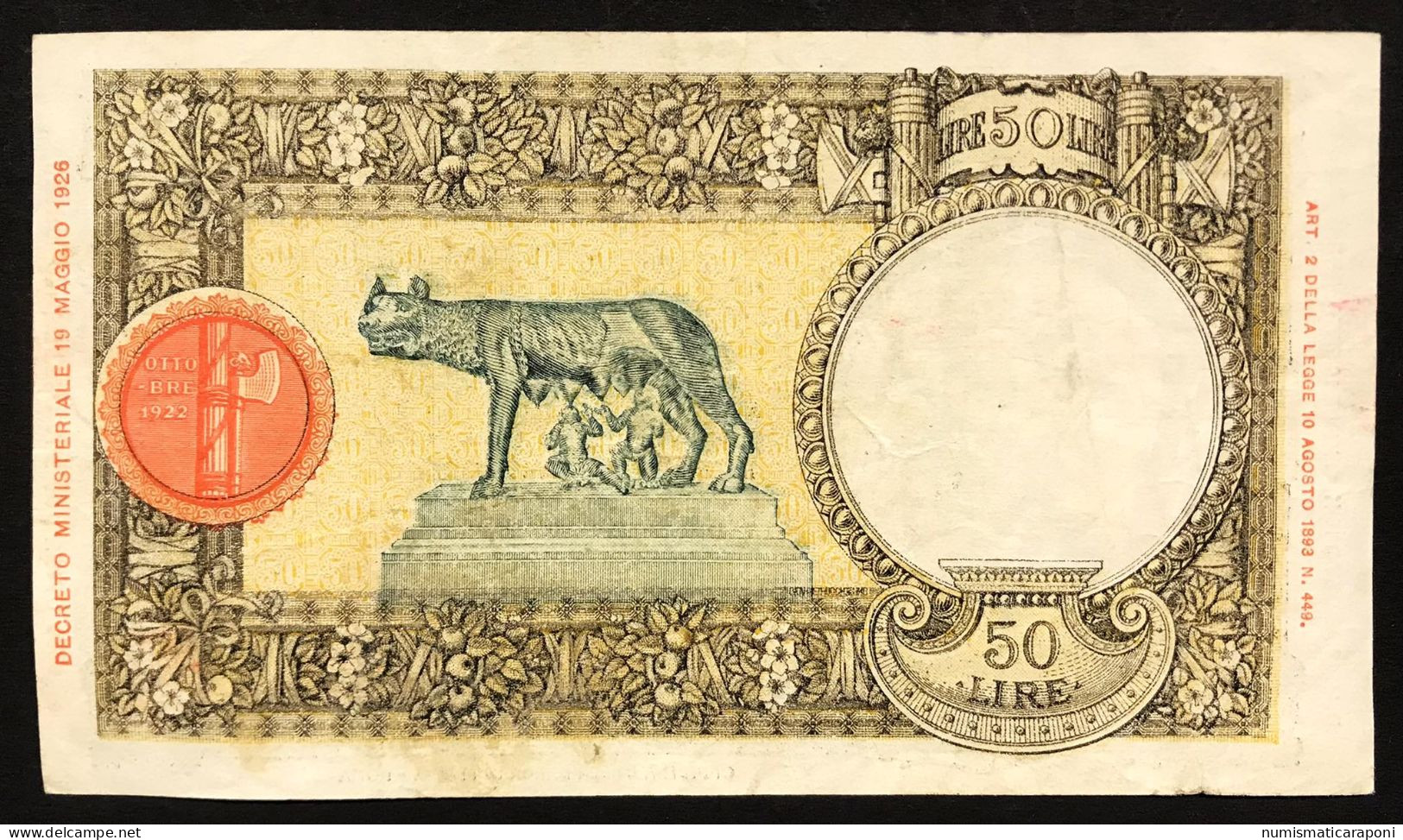 50 LIRE LUPA CAPITOLINA FASCIO II° TIPO ROMA 19 08 1941 BEL BIGLIETTO Naturale LOTTO 333 - 50 Liras