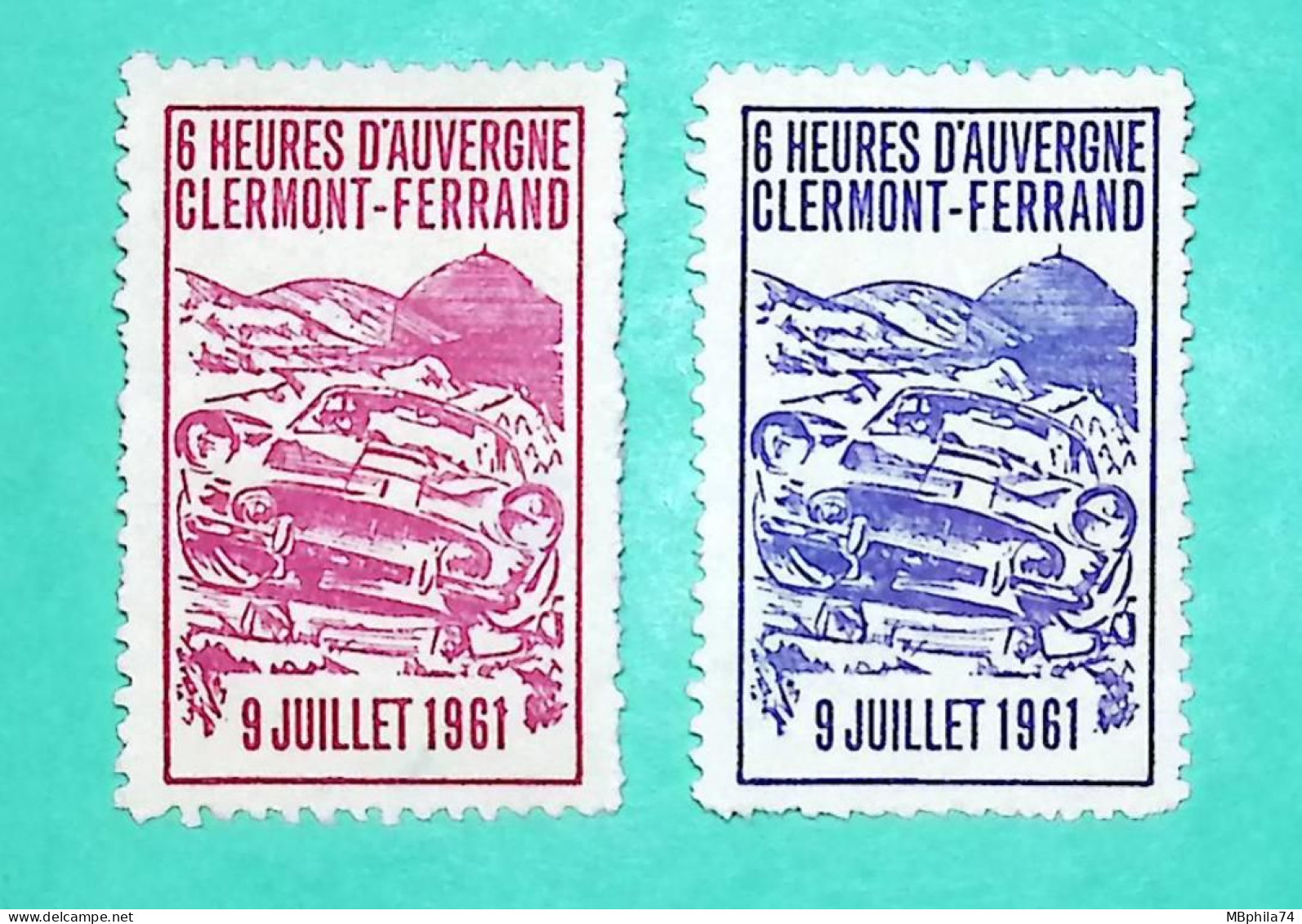 LOT VIGNETTES SPORT AUTOMOBILE 6 HEURES D'AUVERGNE CLERMONT FERRAND 9 JUILLET 1961 BLEU ET ROUGE ERINNOPHILIE - Sport